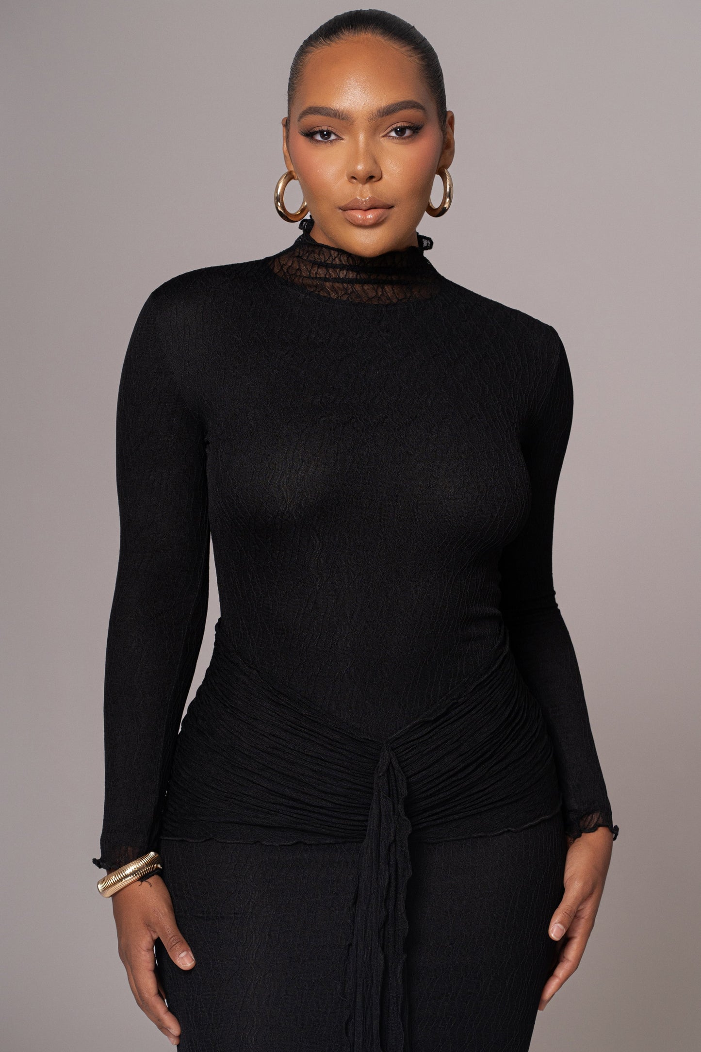 Black Drape Mock Neck Dress JLUXLABEL