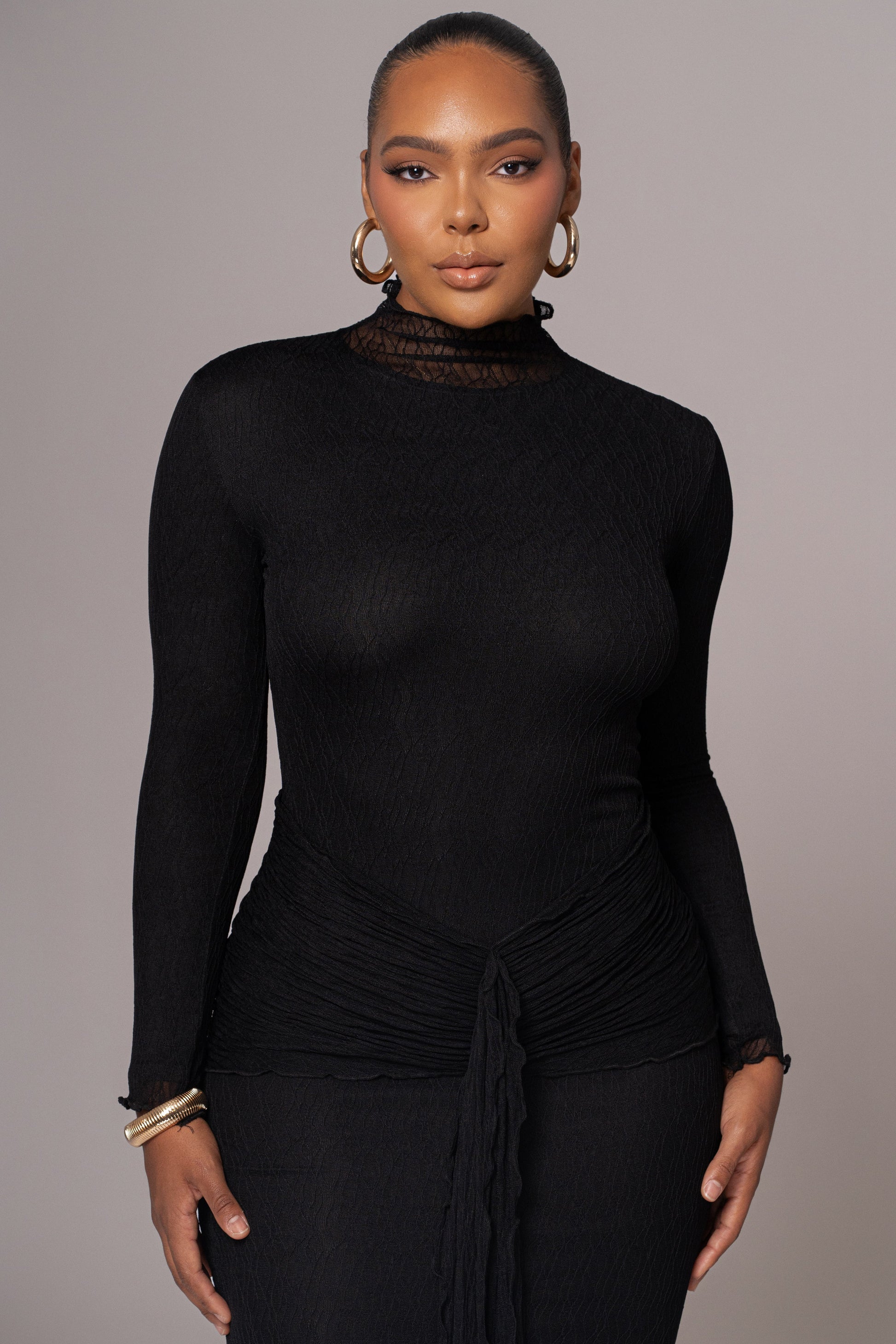 Black Drape Mock Neck Dress JLUXLABEL