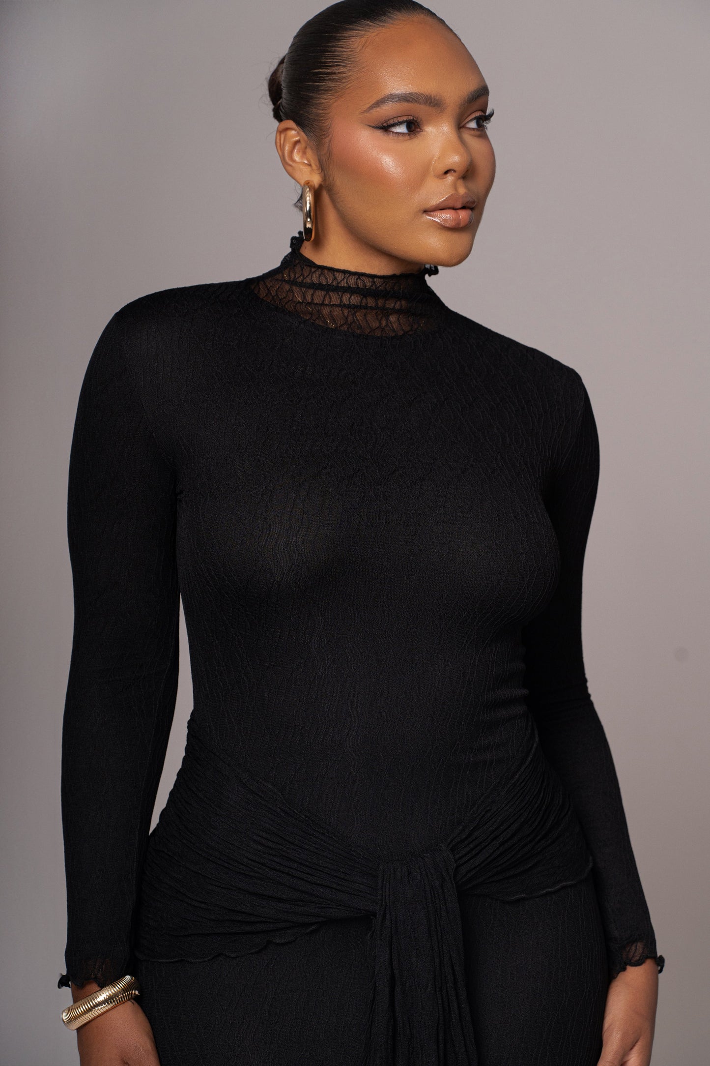 Black Drape Mock Neck Dress JLUXLABEL