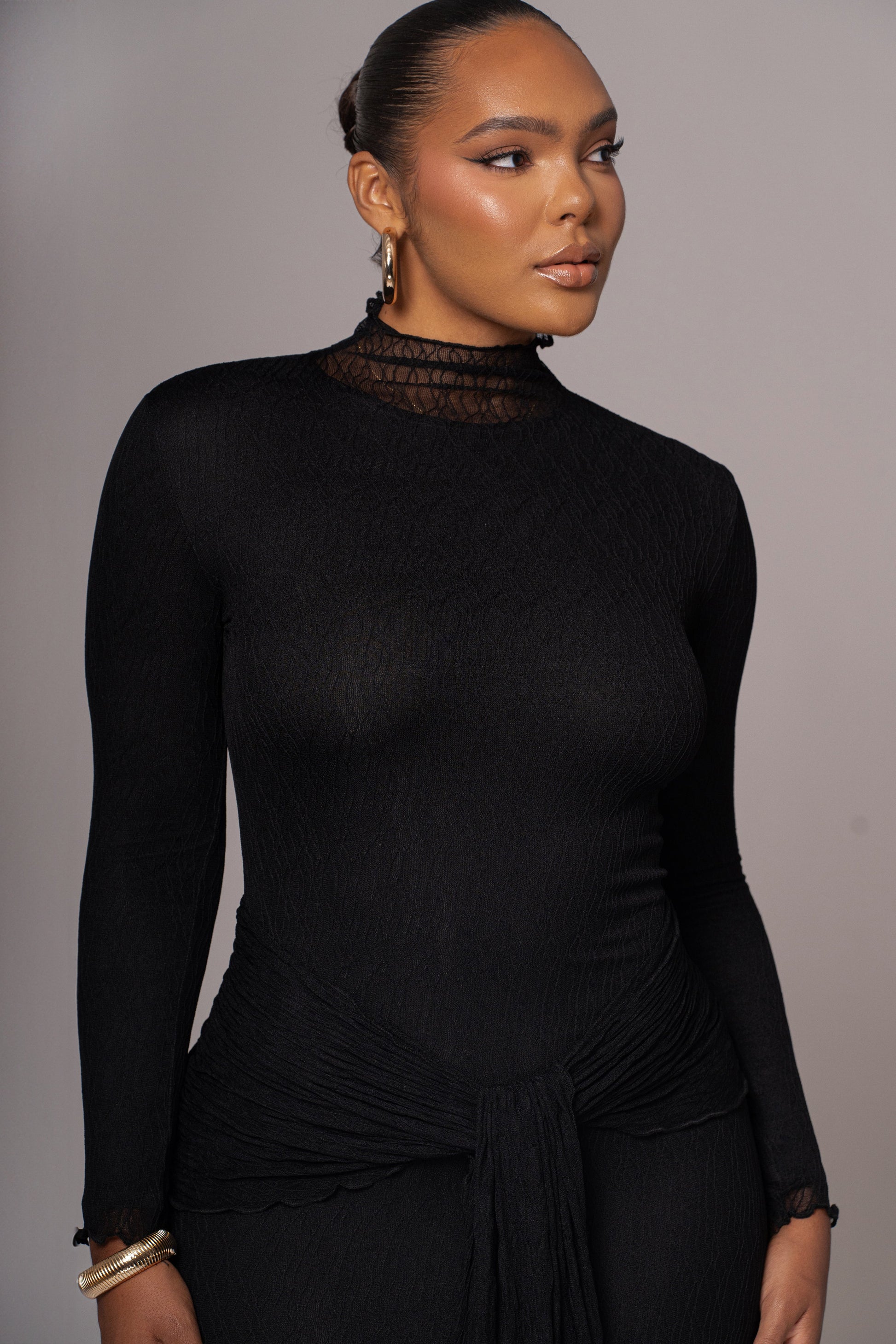 Black Drape Mock Neck Dress JLUXLABEL