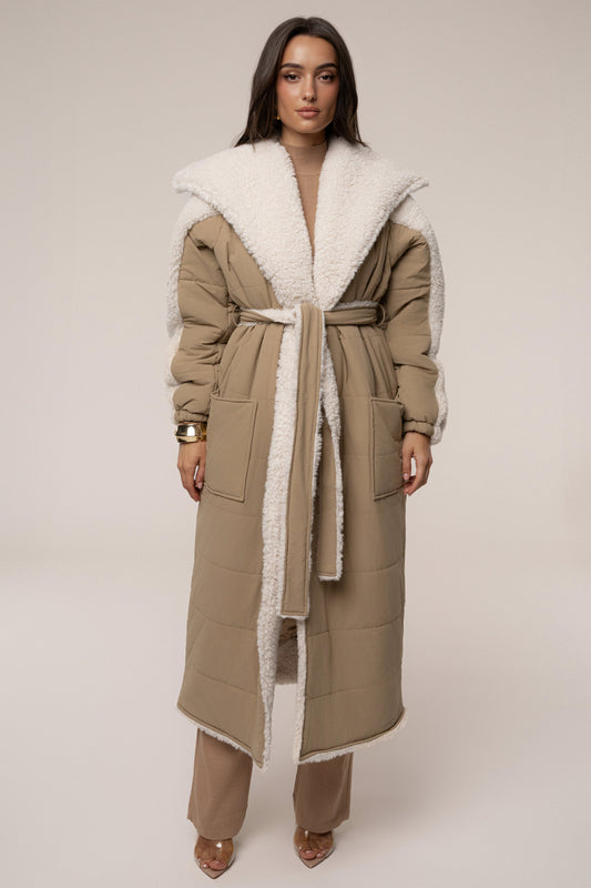 Beige/Ivory Contrast Sherpa Coat JLUXLABEL