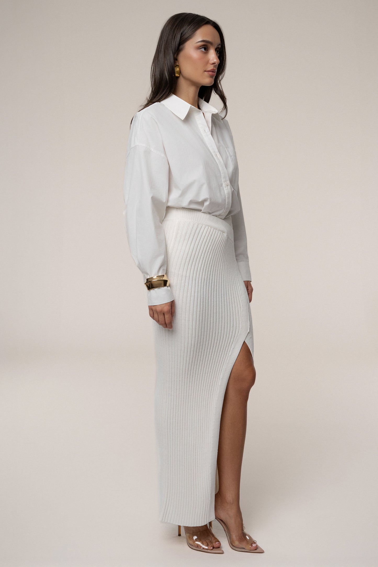 Ivory Hamptons Ribbed Slit Skirt JLUXLABEL