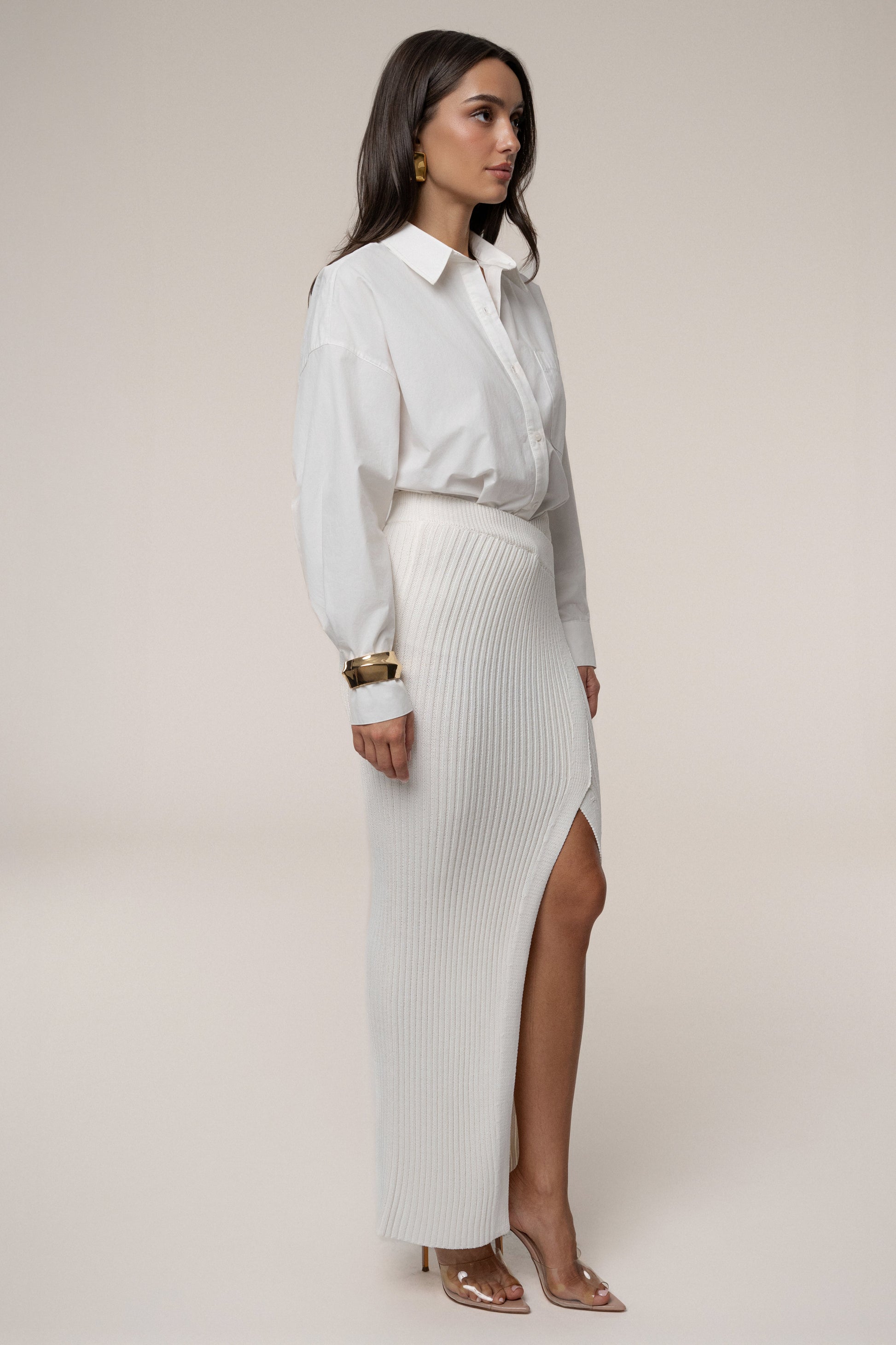 Ivory Hamptons Ribbed Slit Skirt JLUXLABEL