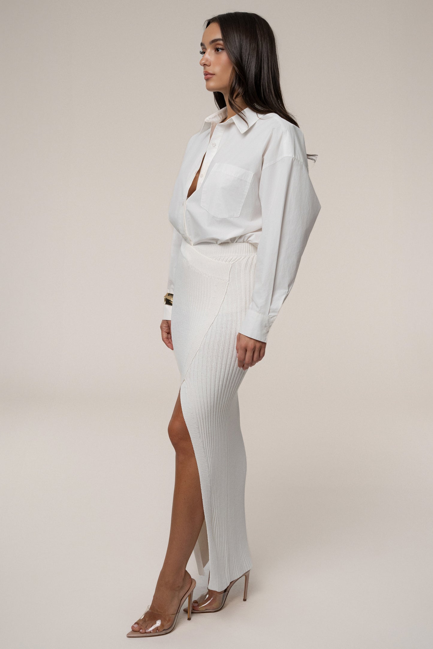 Ivory Hamptons Ribbed Slit Skirt JLUXLABEL