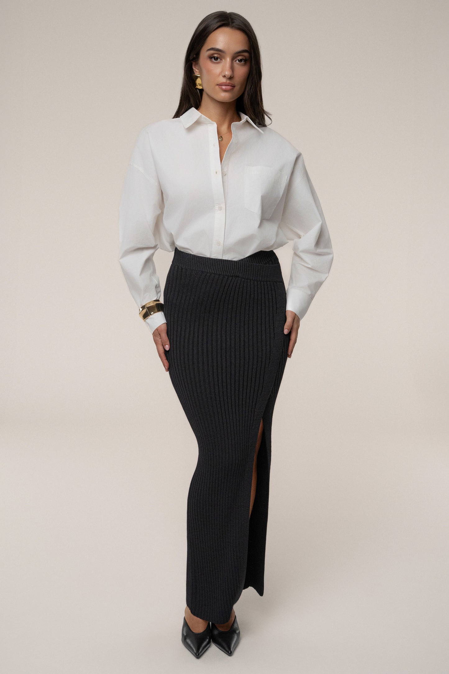 Black Hamptons Ribbed Slit Skirt JLUXLABEL
