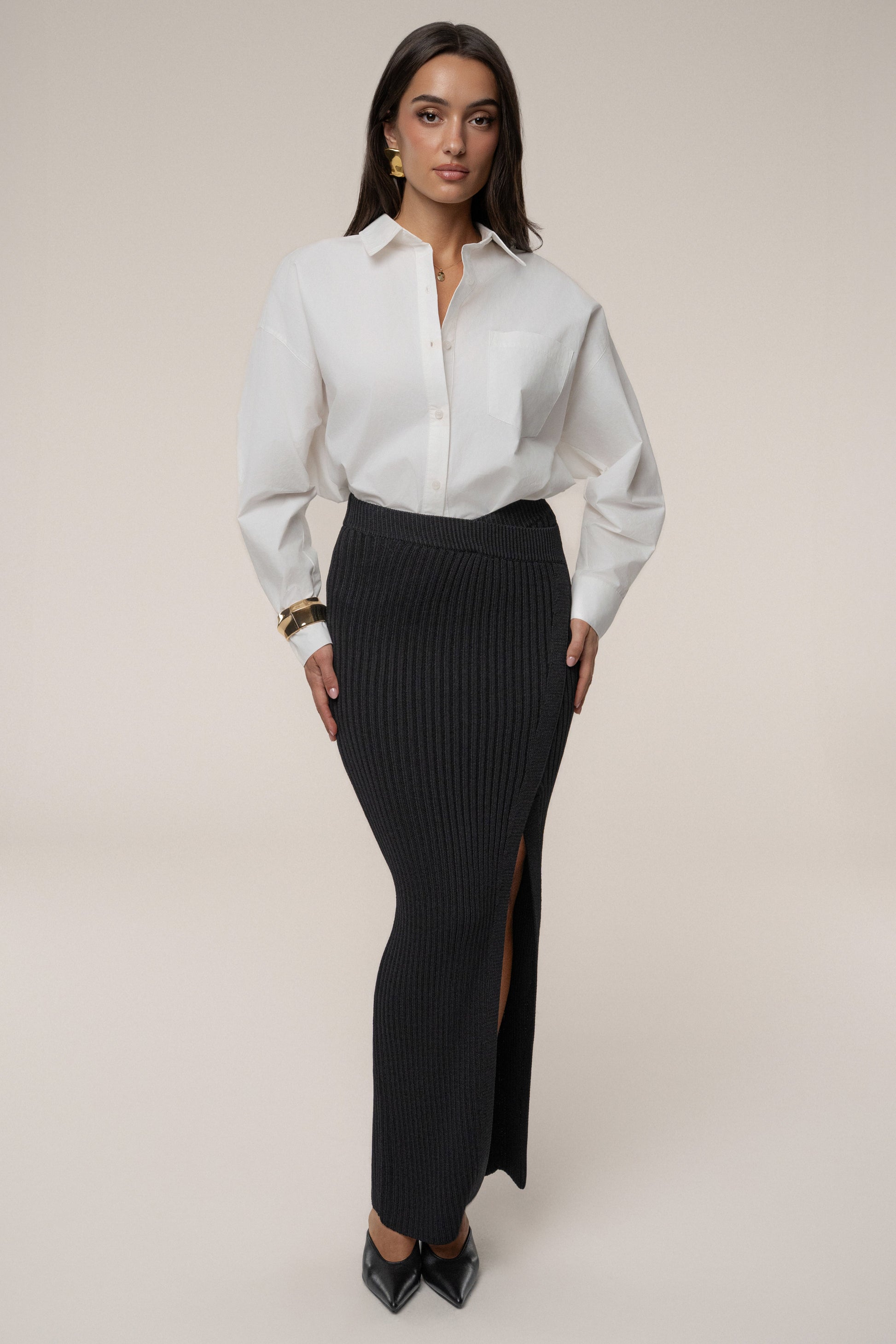 Black Hamptons Ribbed Slit Skirt JLUXLABEL