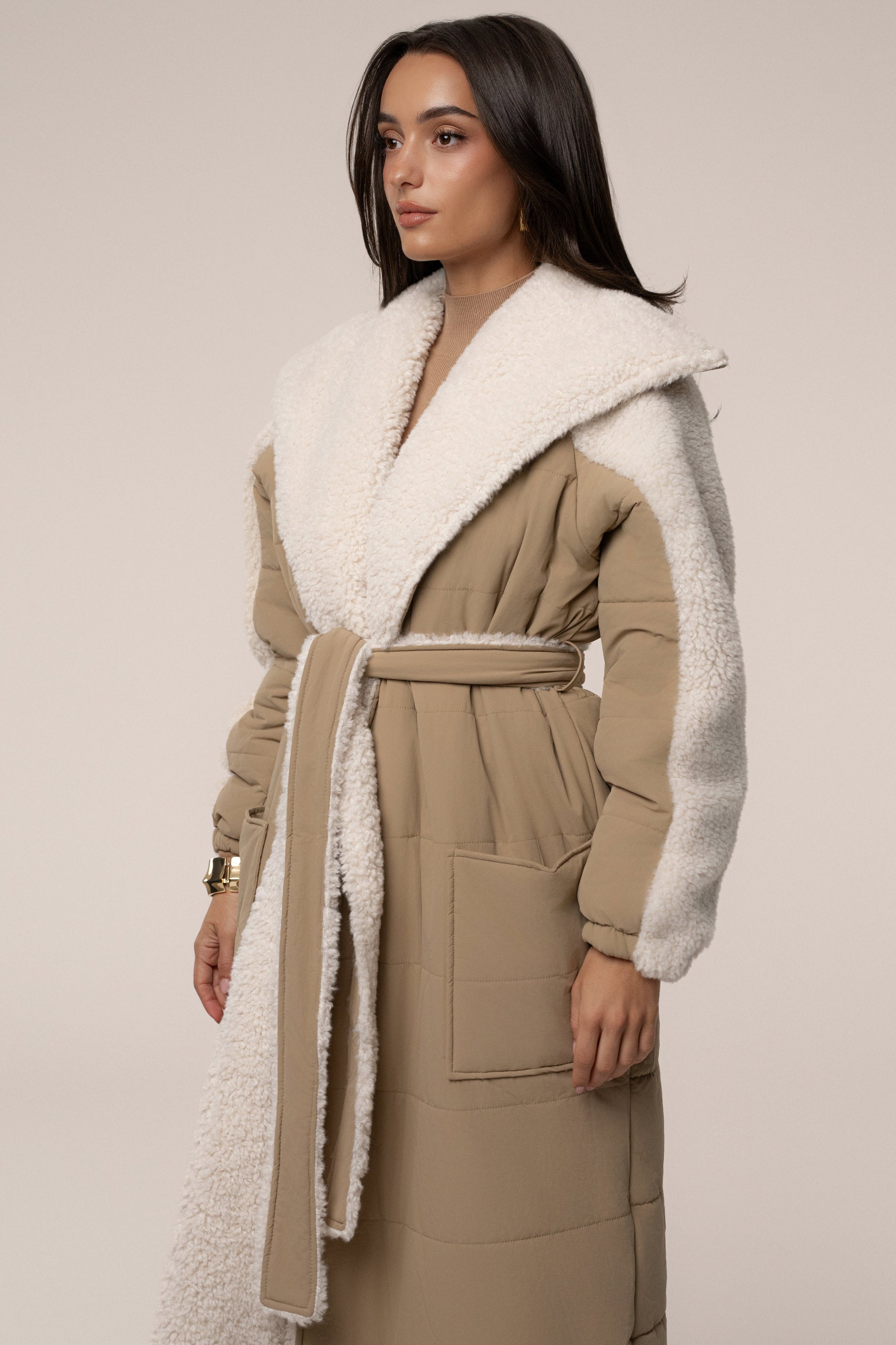 Beige/Ivory Contrast Sherpa Coat JLUXLABEL