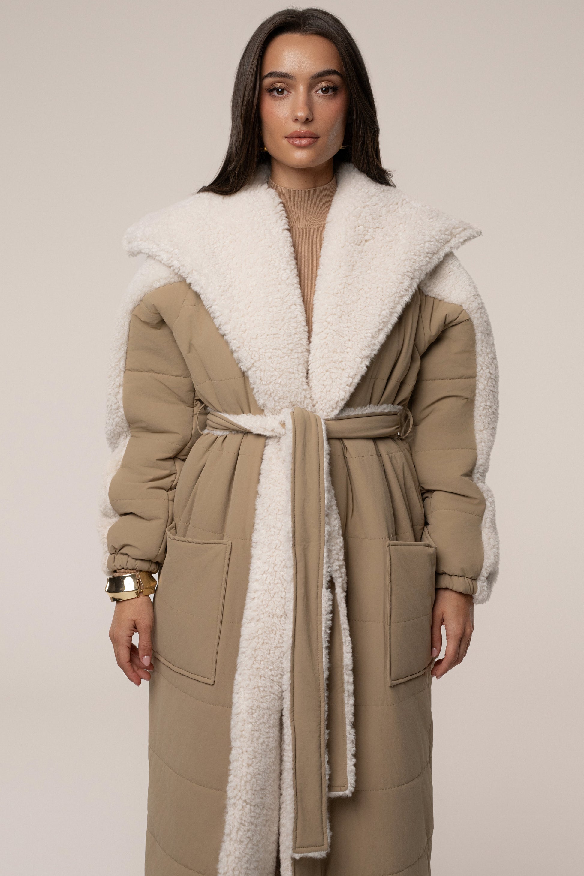 Beige/Ivory Contrast Sherpa Coat JLUXLABEL