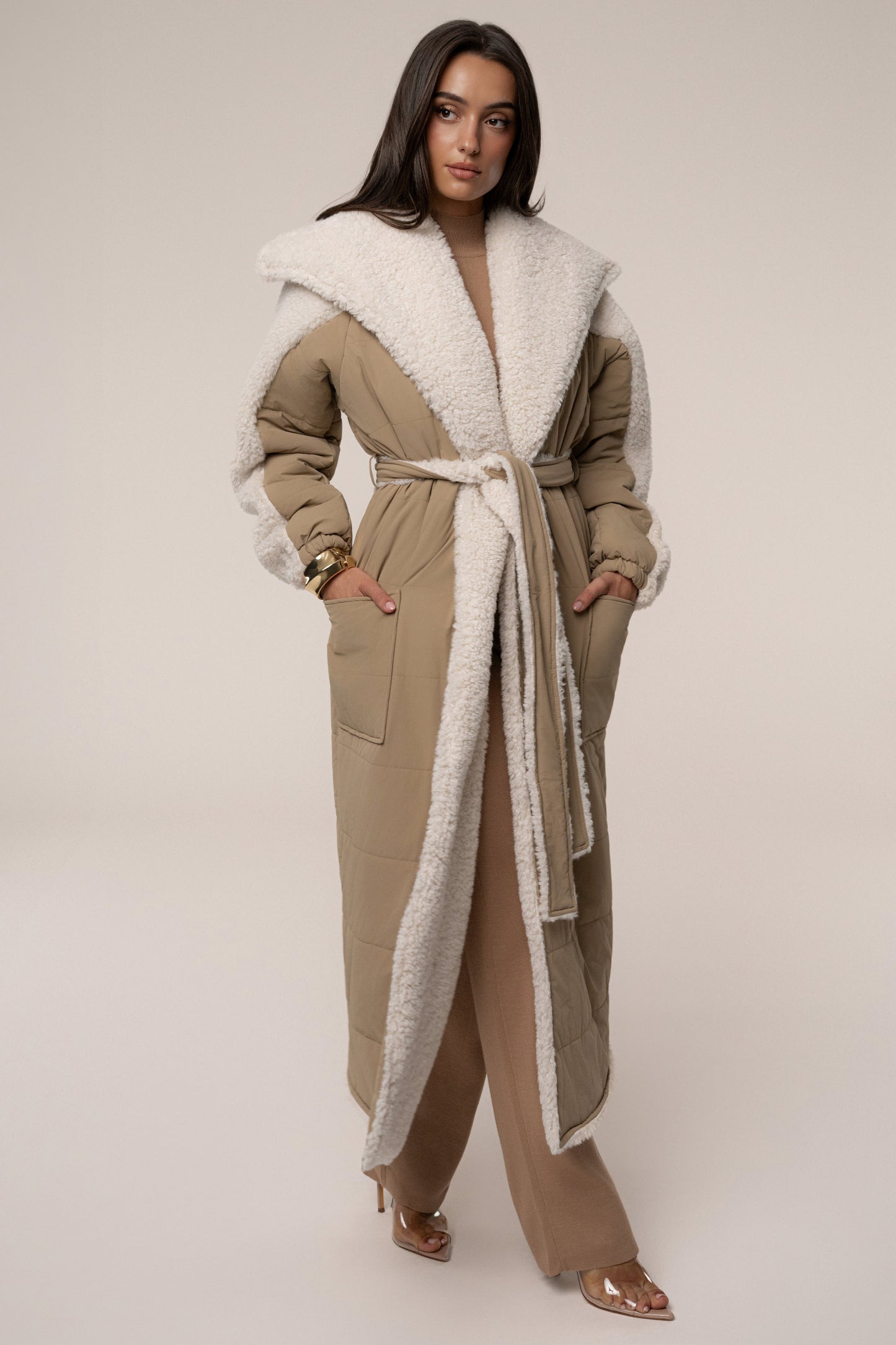 Beige/Ivory Contrast Sherpa Coat JLUXLABEL
