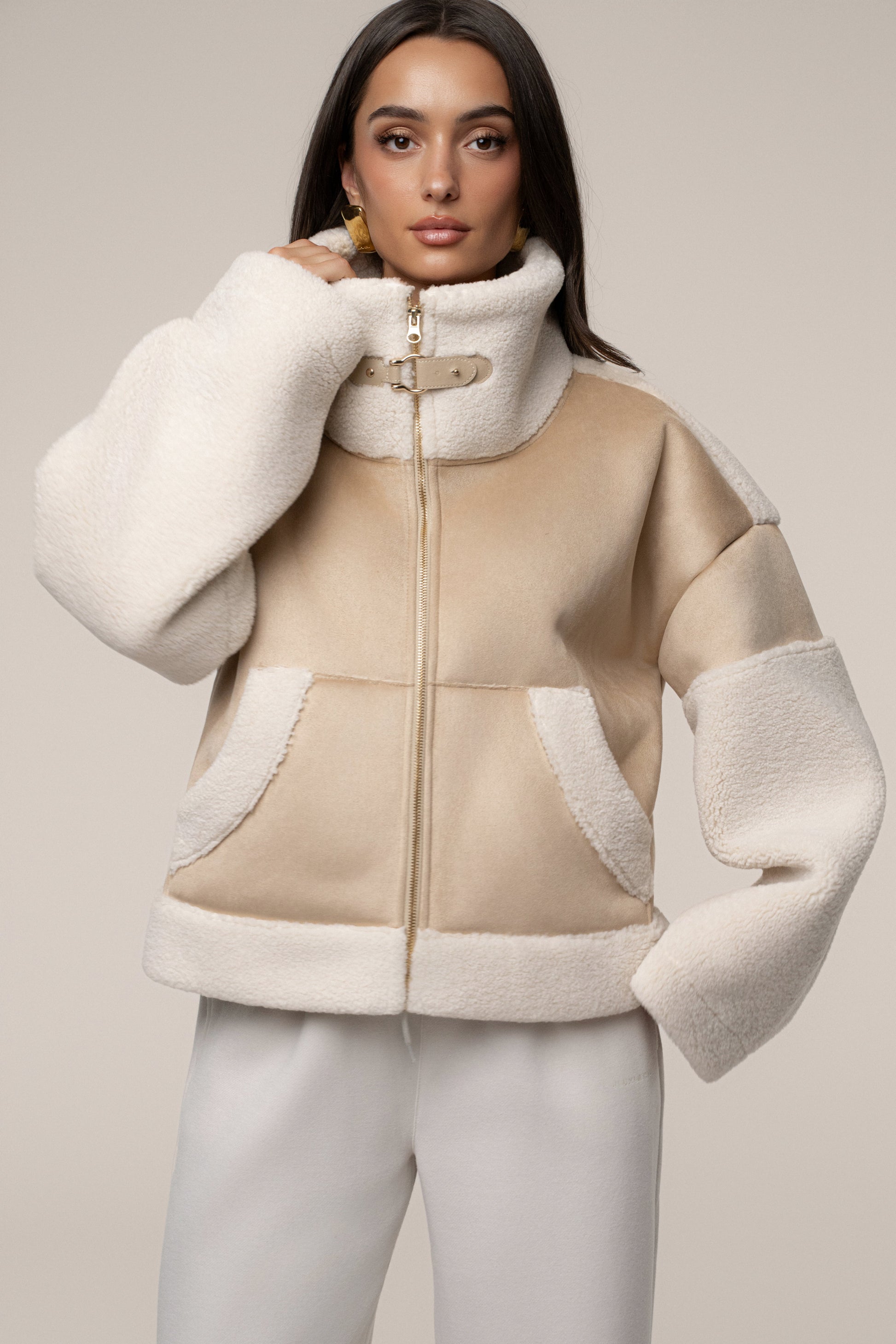 Sand Suede And Sherpa Jacket JLUXLABEL