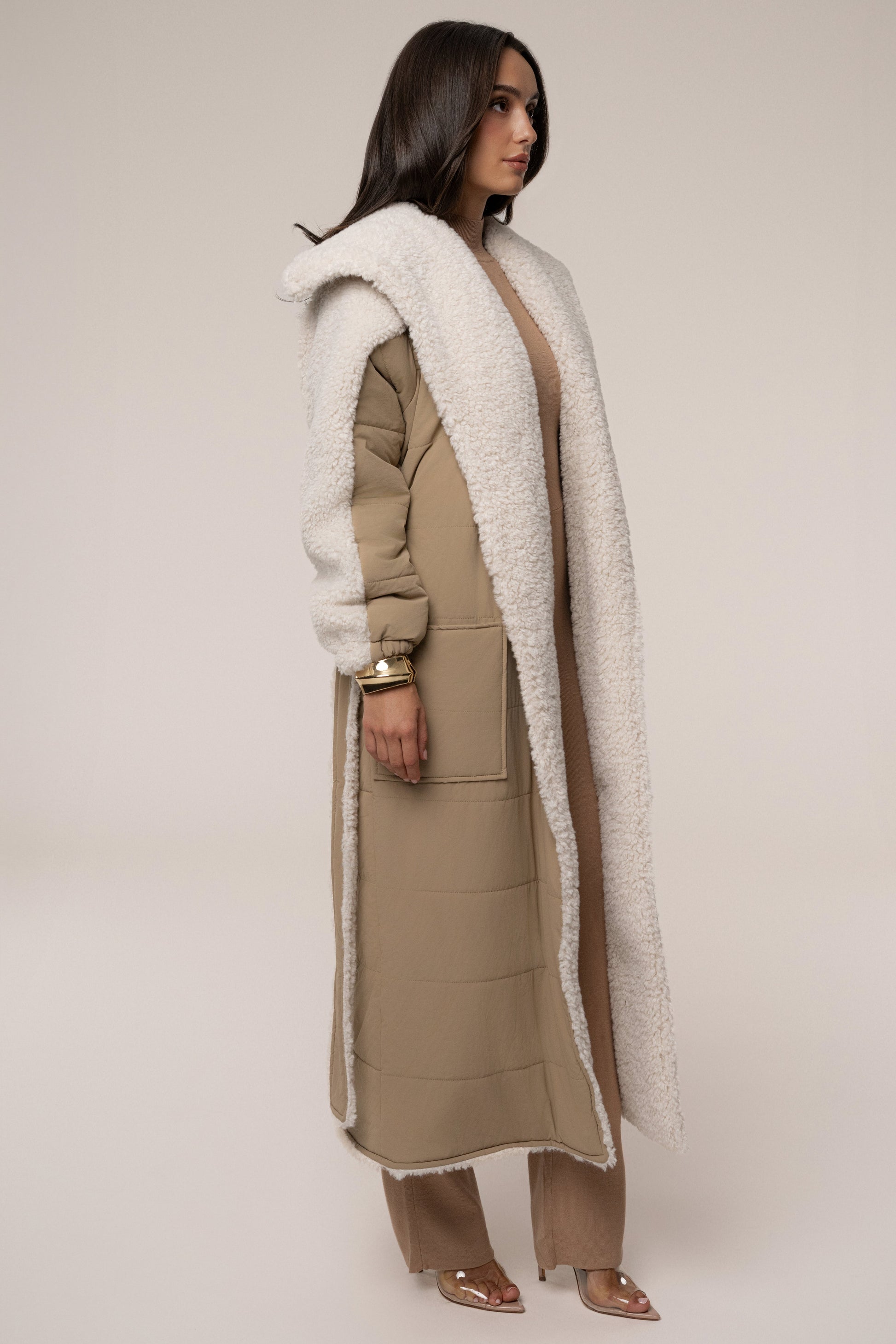 Beige/Ivory Contrast Sherpa Coat JLUXLABEL