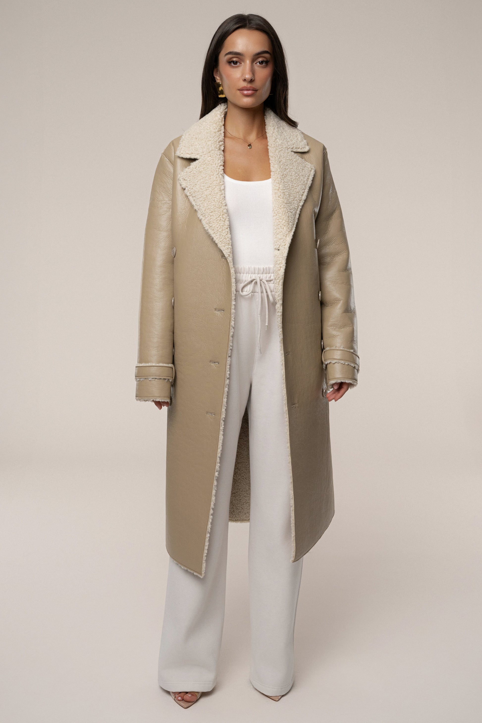 Beige/Ivory Sherpa And Faux Leather Coat JLUXLABEL