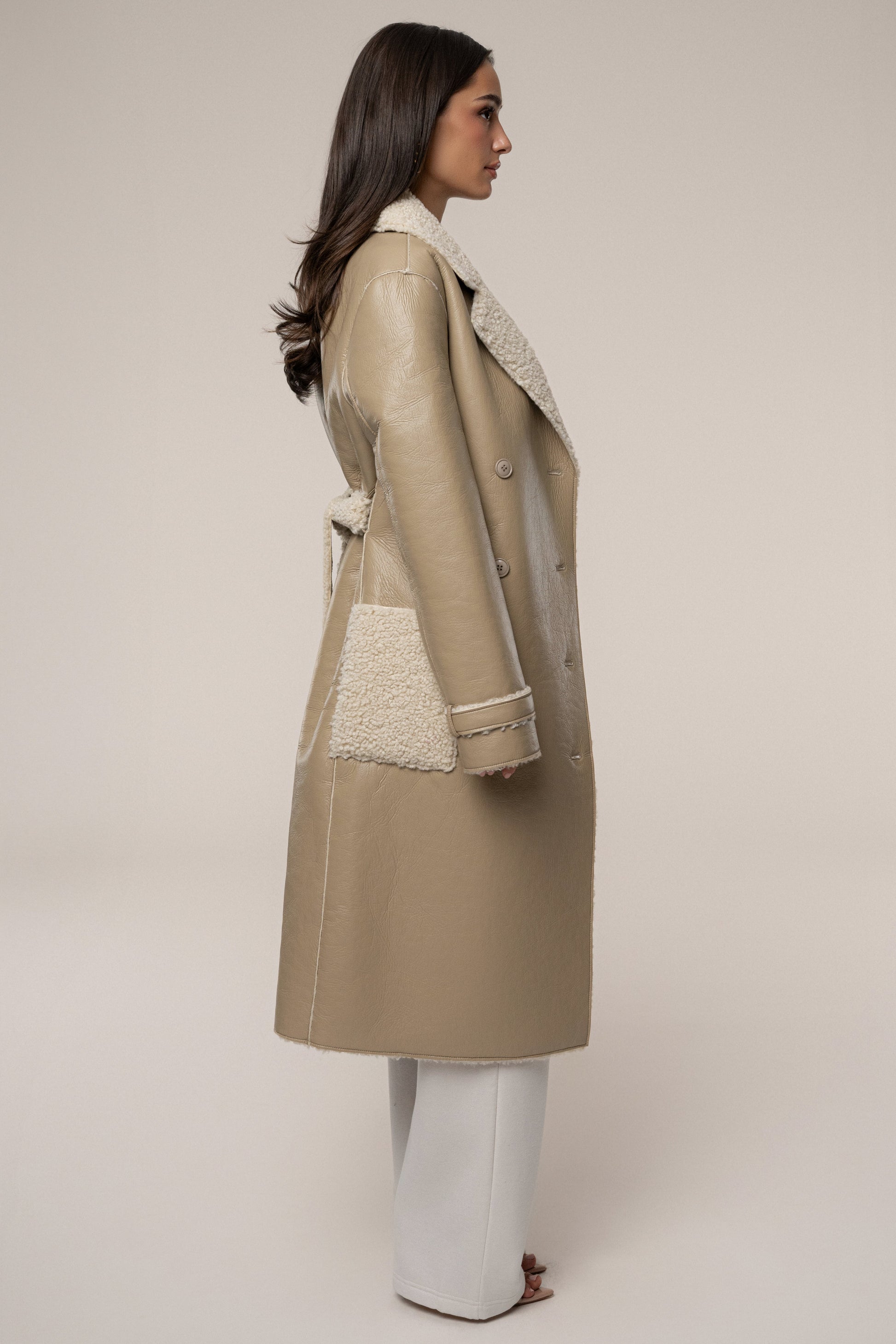 Beige/Ivory Sherpa And Faux Leather Coat JLUXLABEL