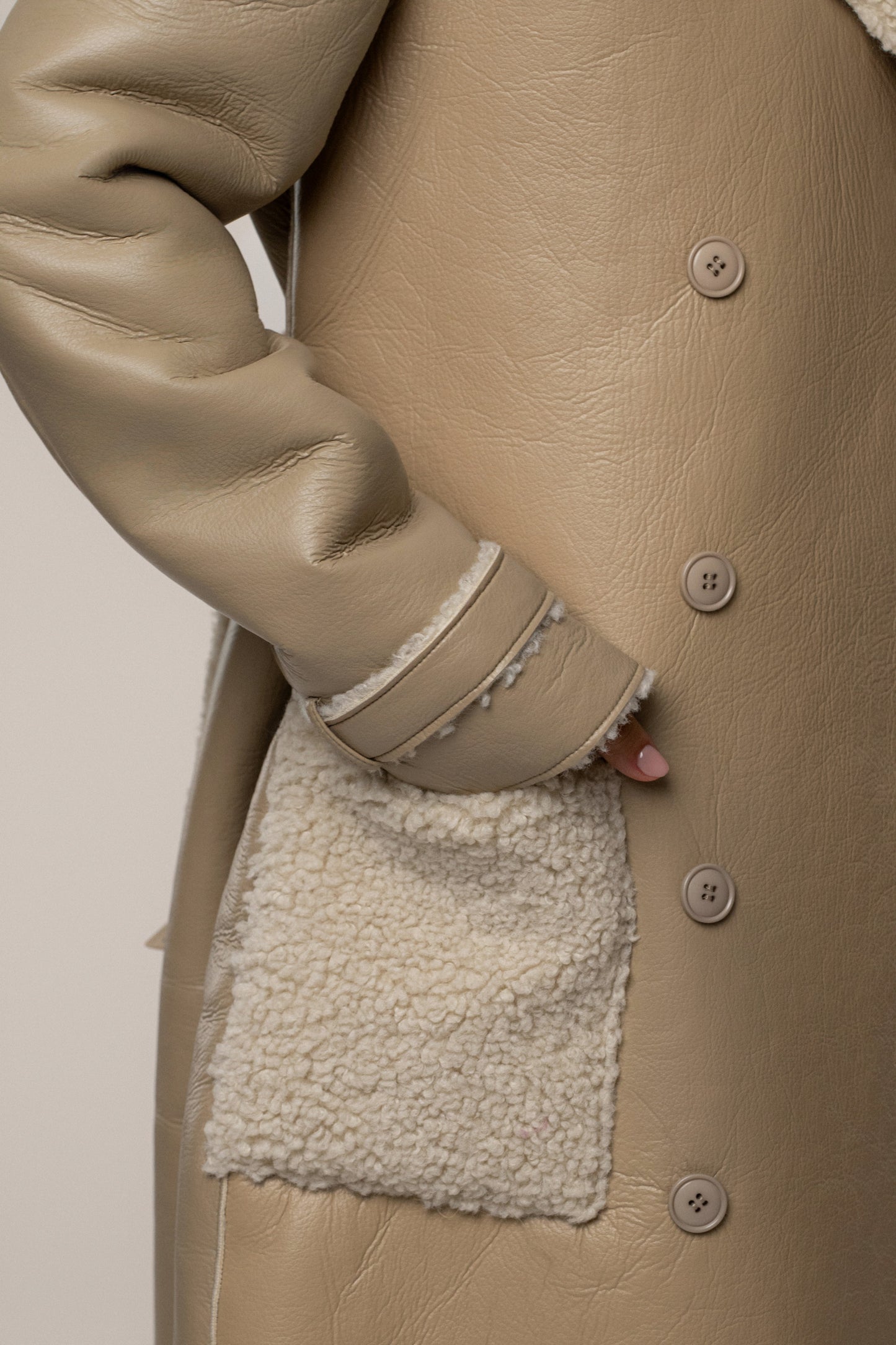 Beige/Ivory Sherpa And Faux Leather Coat JLUXLABEL