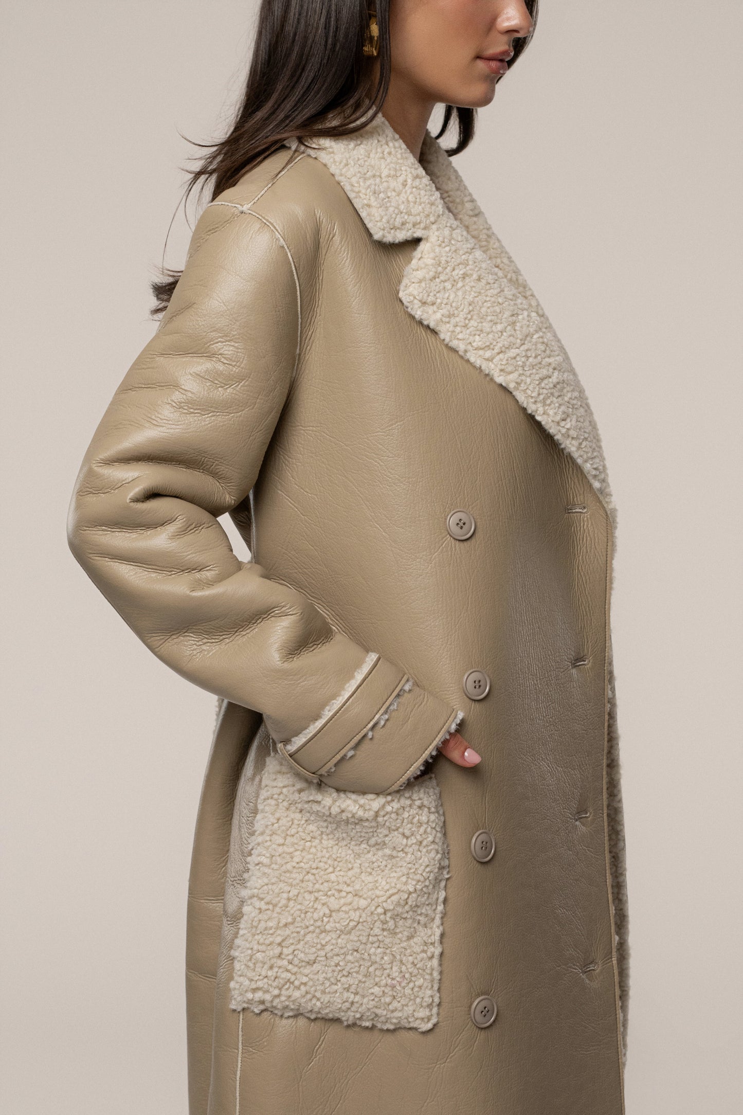 Beige/Ivory Sherpa And Faux Leather Coat JLUXLABEL