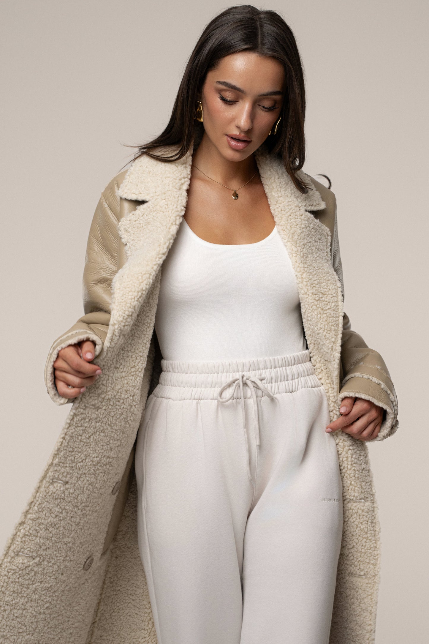 Beige/Ivory Sherpa And Faux Leather Coat JLUXLABEL