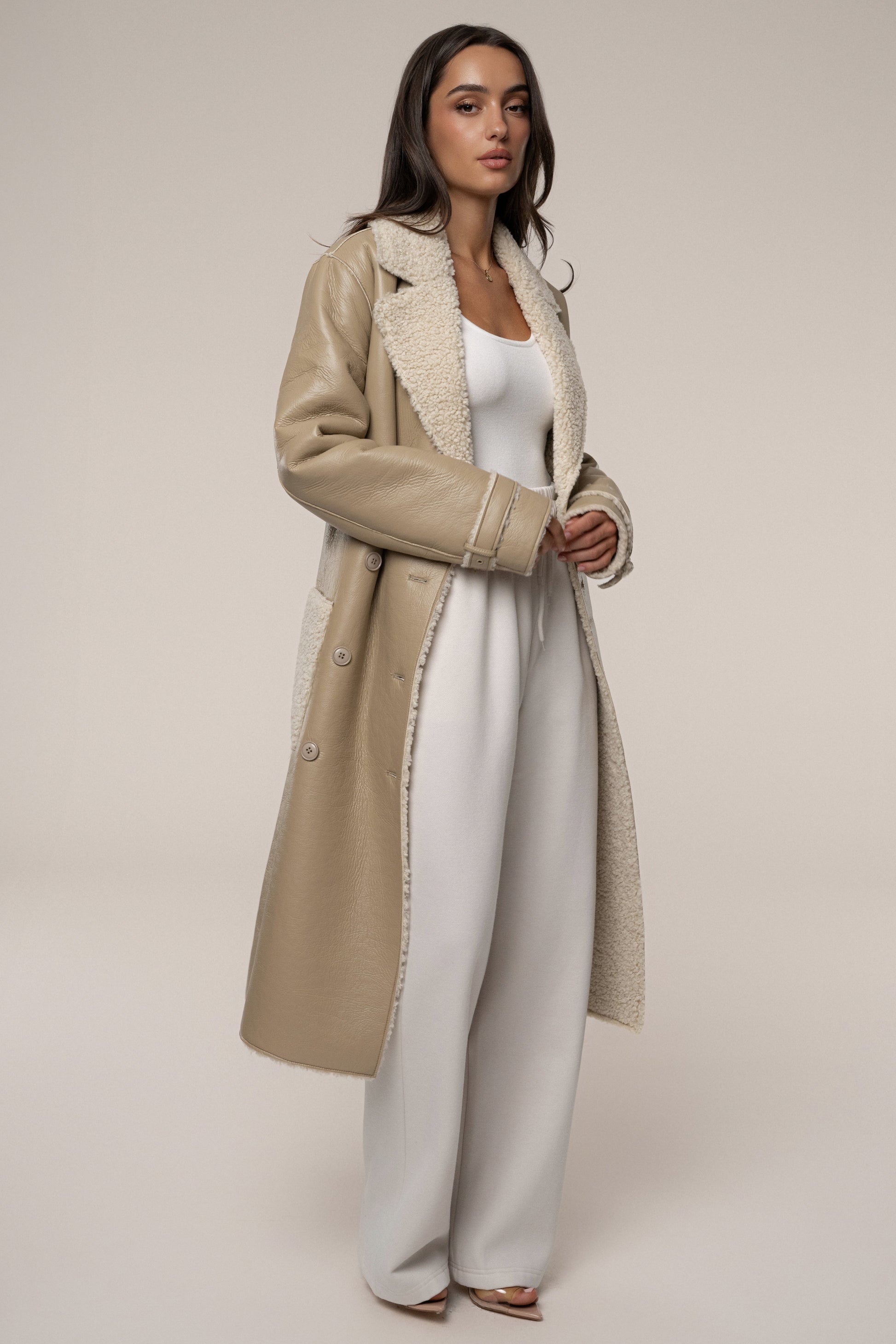 Beige/Ivory Sherpa And Faux Leather Coat JLUXLABEL