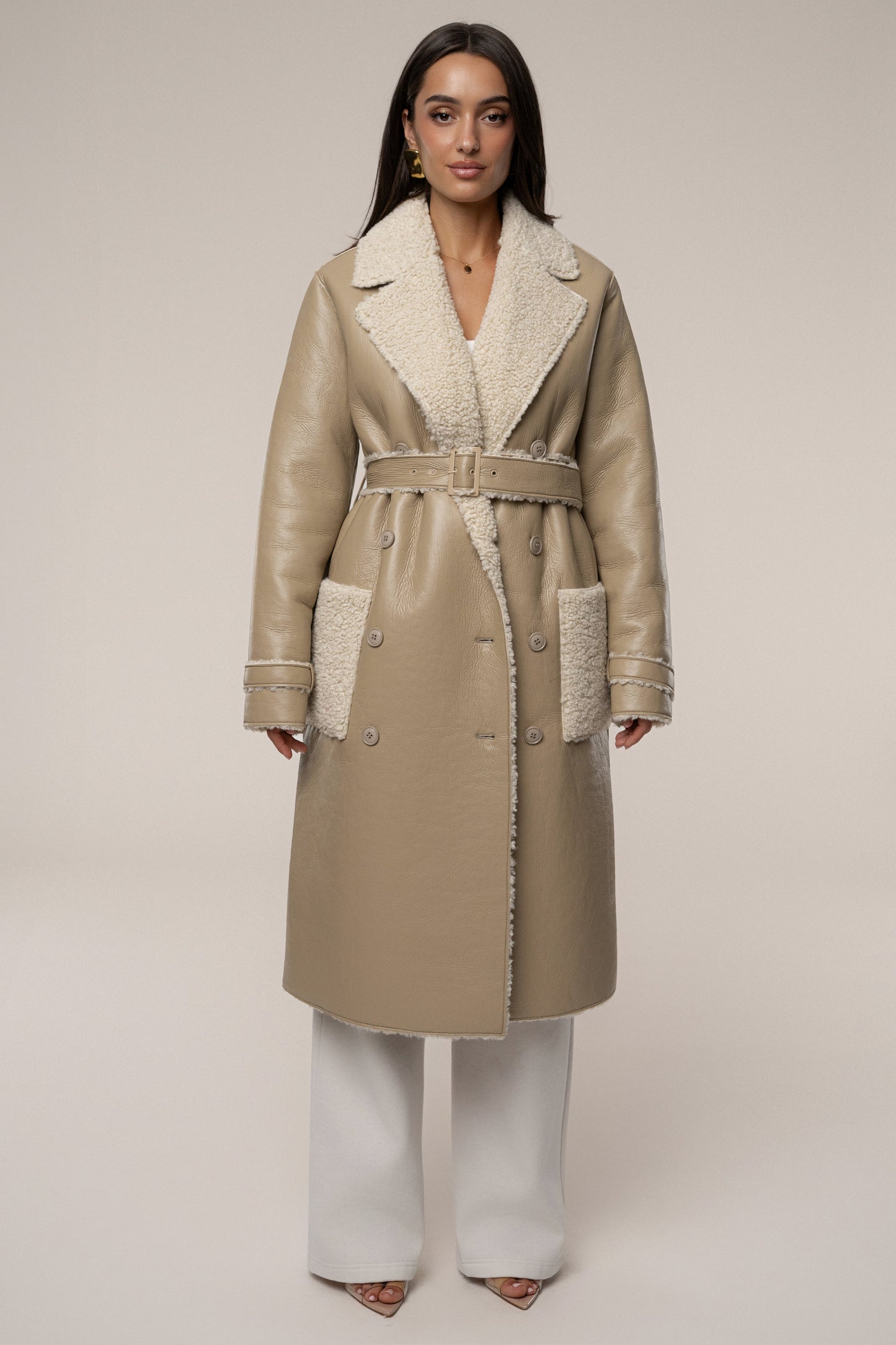 Beige/Ivory Sherpa And Faux Leather Coat JLUXLABEL