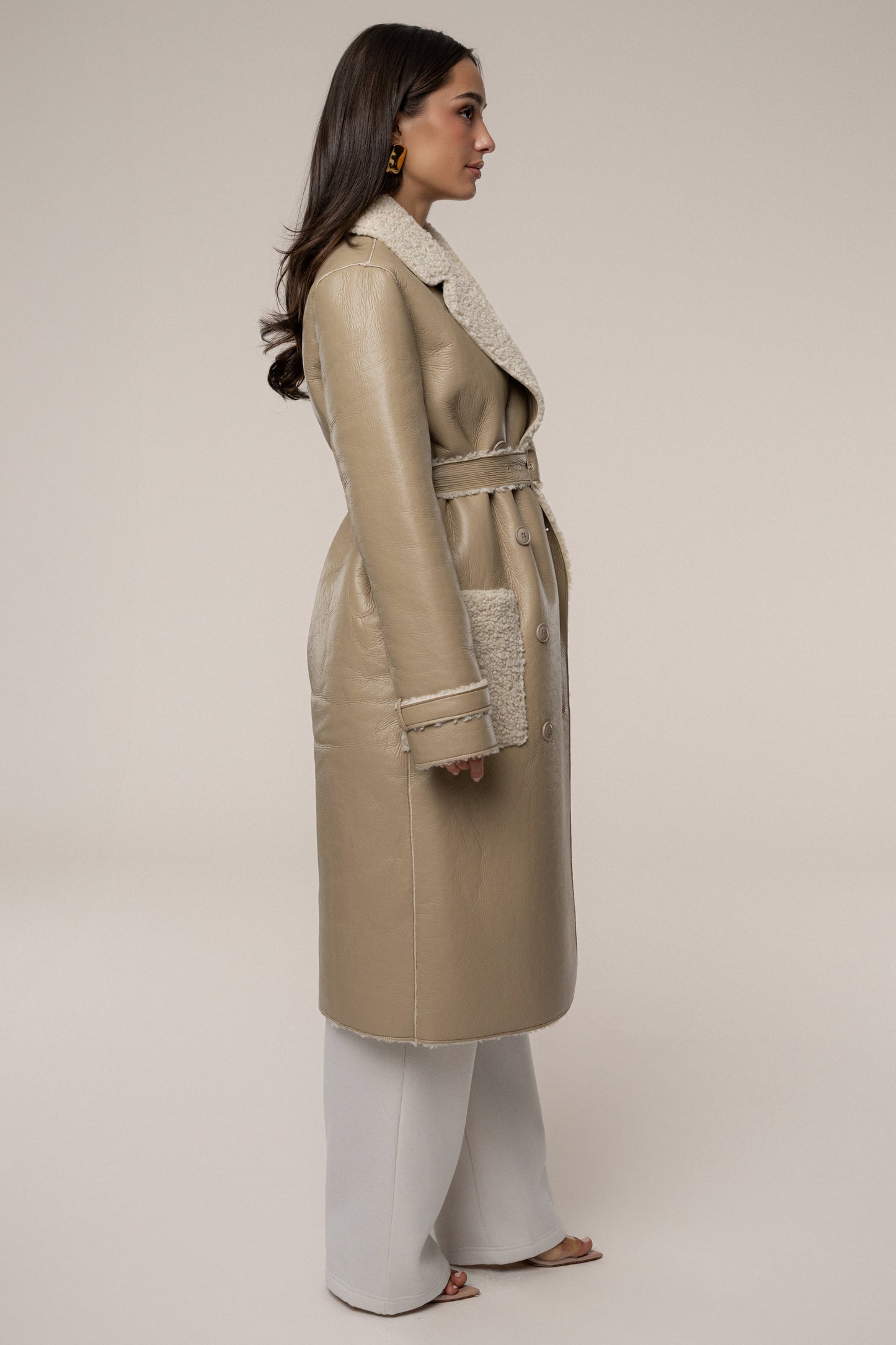 Beige/Ivory Sherpa And Faux Leather Coat JLUXLABEL