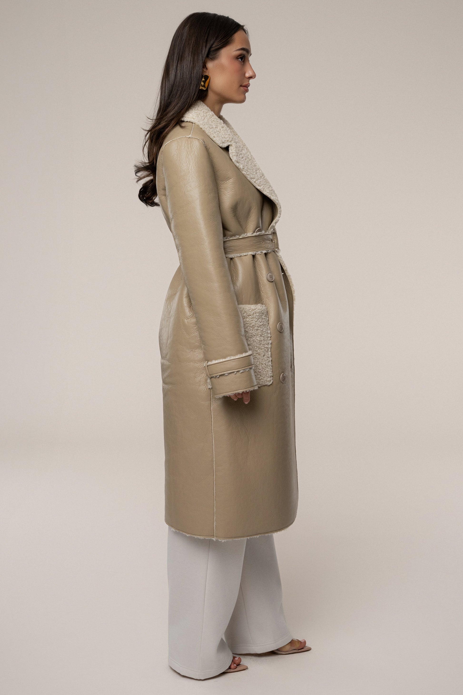 Beige/Ivory Sherpa And Faux Leather Coat JLUXLABEL