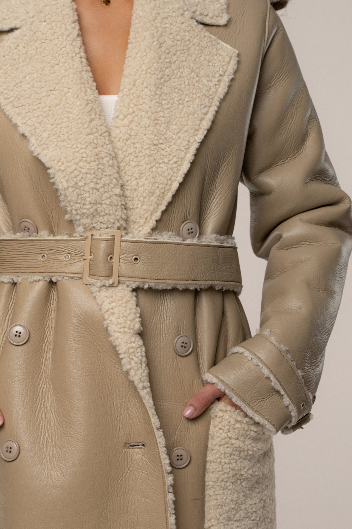 Beige/Ivory Sherpa And Faux Leather Coat JLUXLABEL