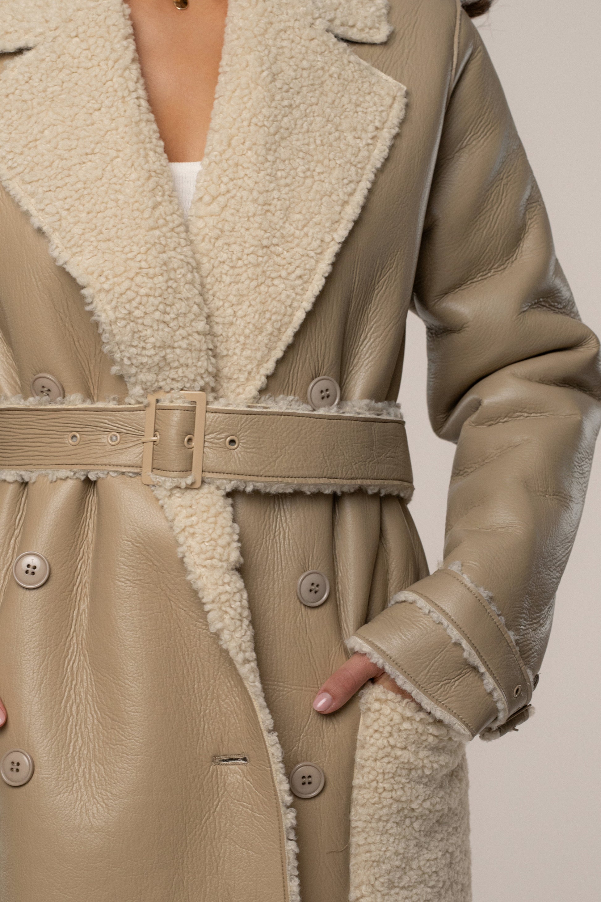 Beige/Ivory Sherpa And Faux Leather Coat JLUXLABEL