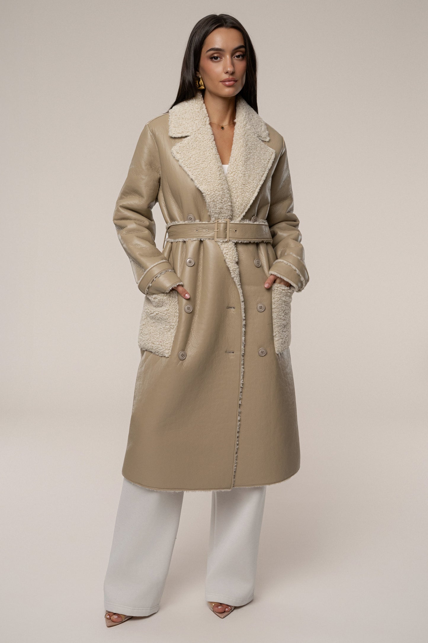 Beige/Ivory Sherpa And Faux Leather Coat JLUXLABEL