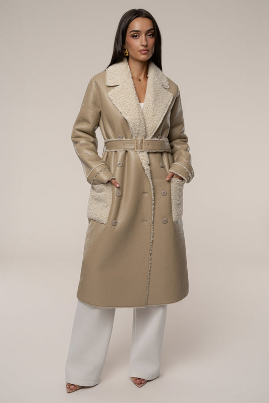 Beige/Ivory Sherpa And Faux Leather Coat JLUXLABEL