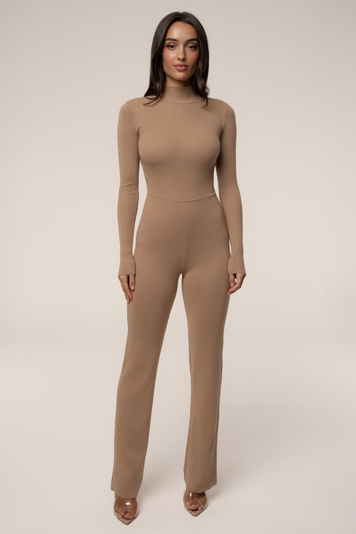 Tan Noel Sweater Knit Jumpsuit JLUXLABEL