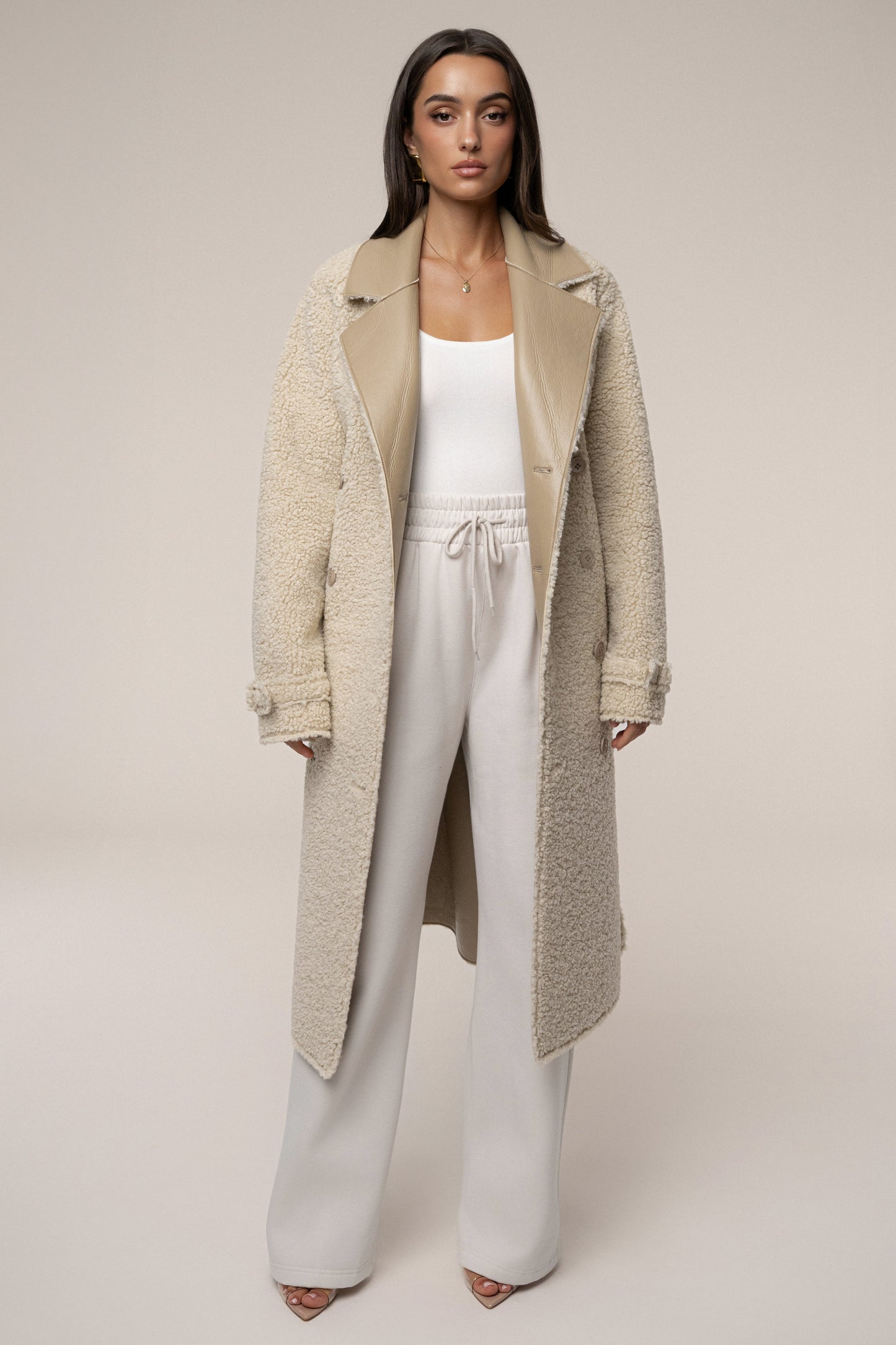 Beige/Ivory Sherpa And Faux Leather Coat JLUXLABEL