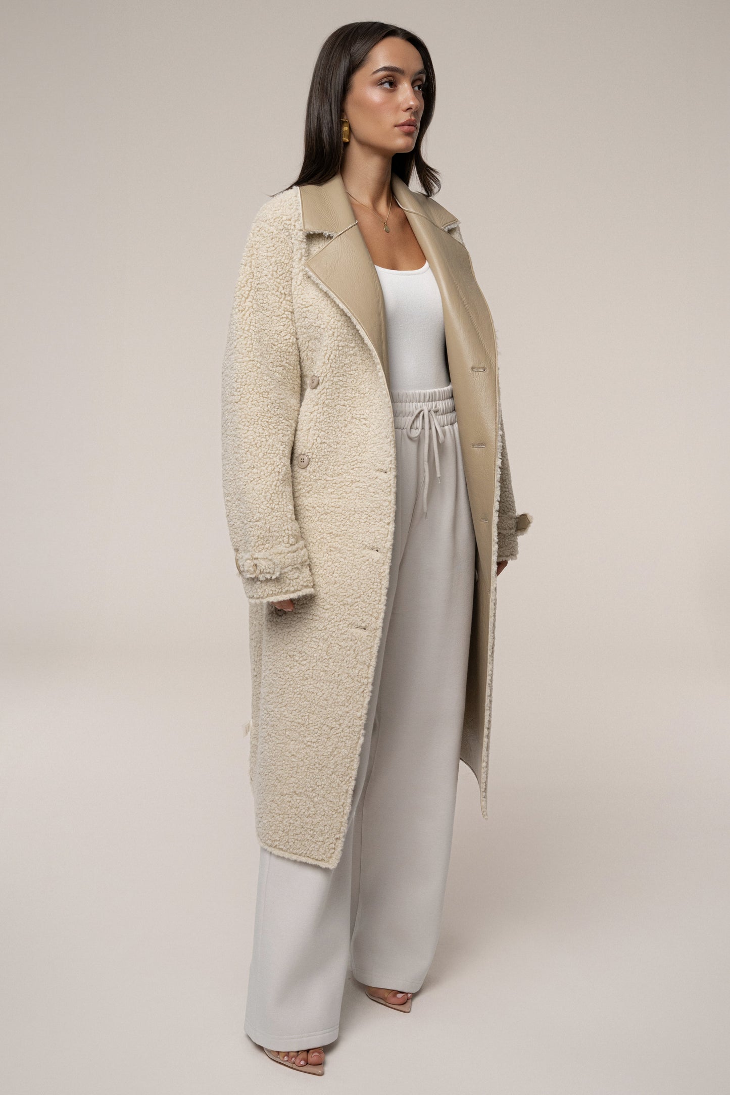 Beige/Ivory Sherpa And Faux Leather Coat JLUXLABEL