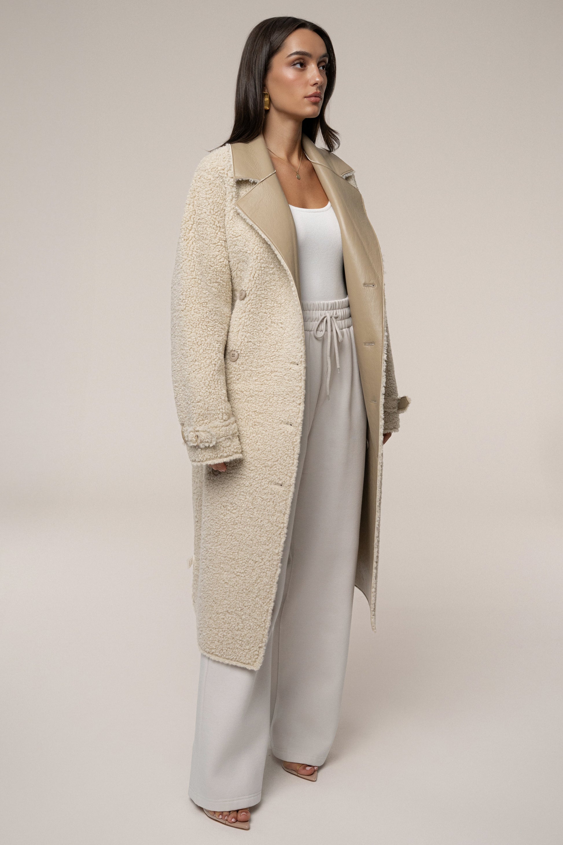 Beige/Ivory Sherpa And Faux Leather Coat JLUXLABEL