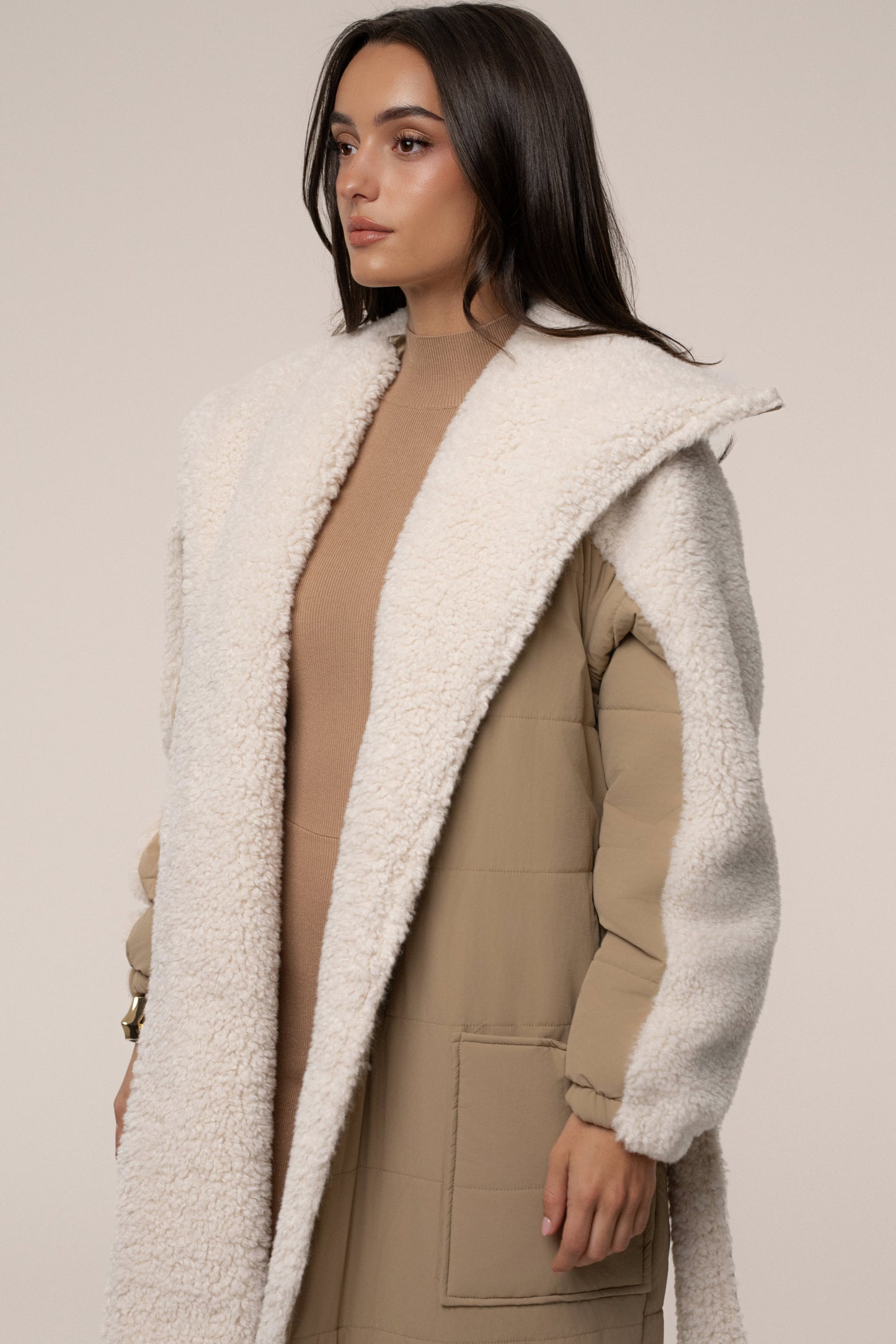 Beige/Ivory Contrast Sherpa Coat JLUXLABEL