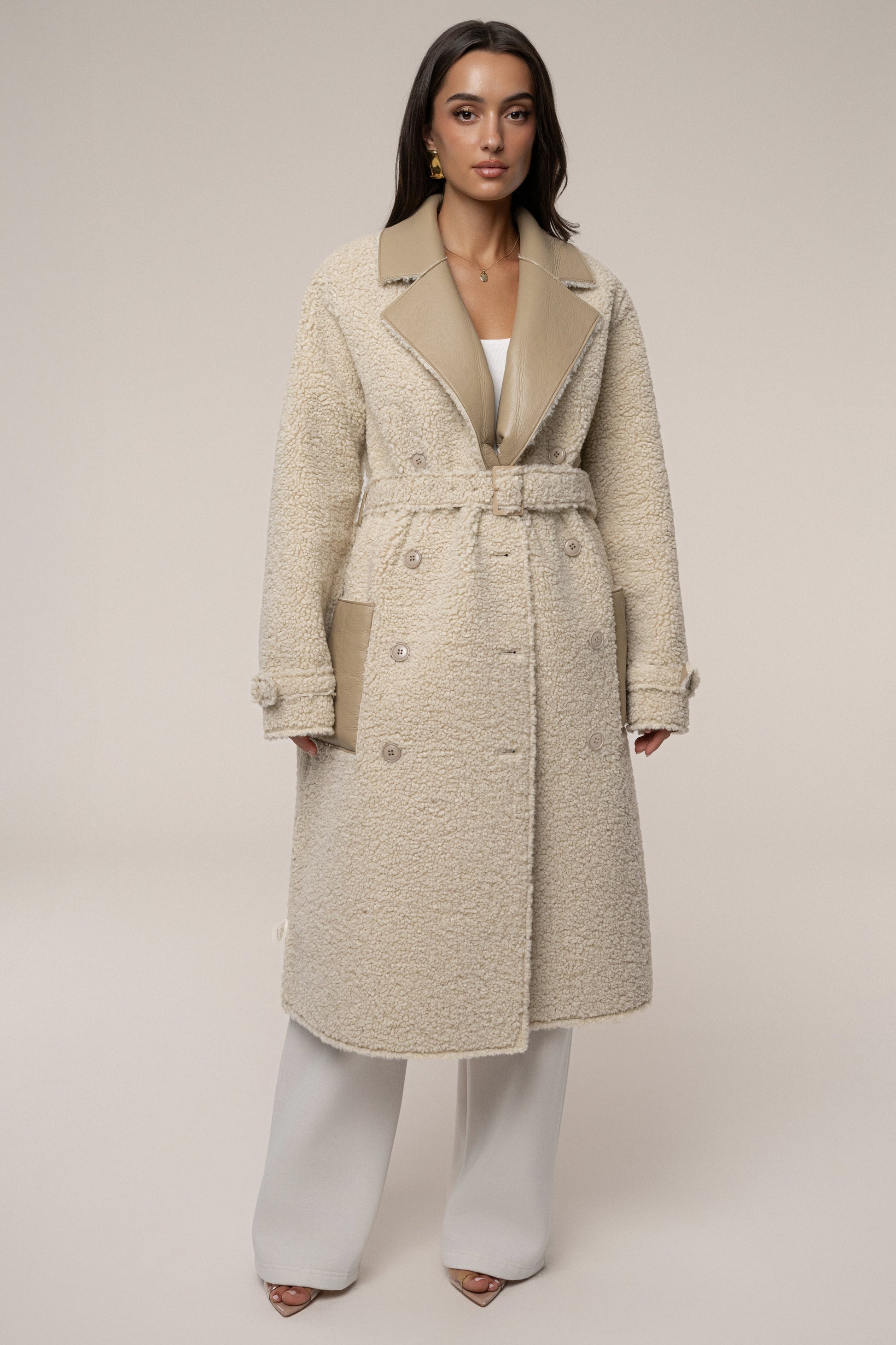Beige/Ivory Sherpa And Faux Leather Coat JLUXLABEL