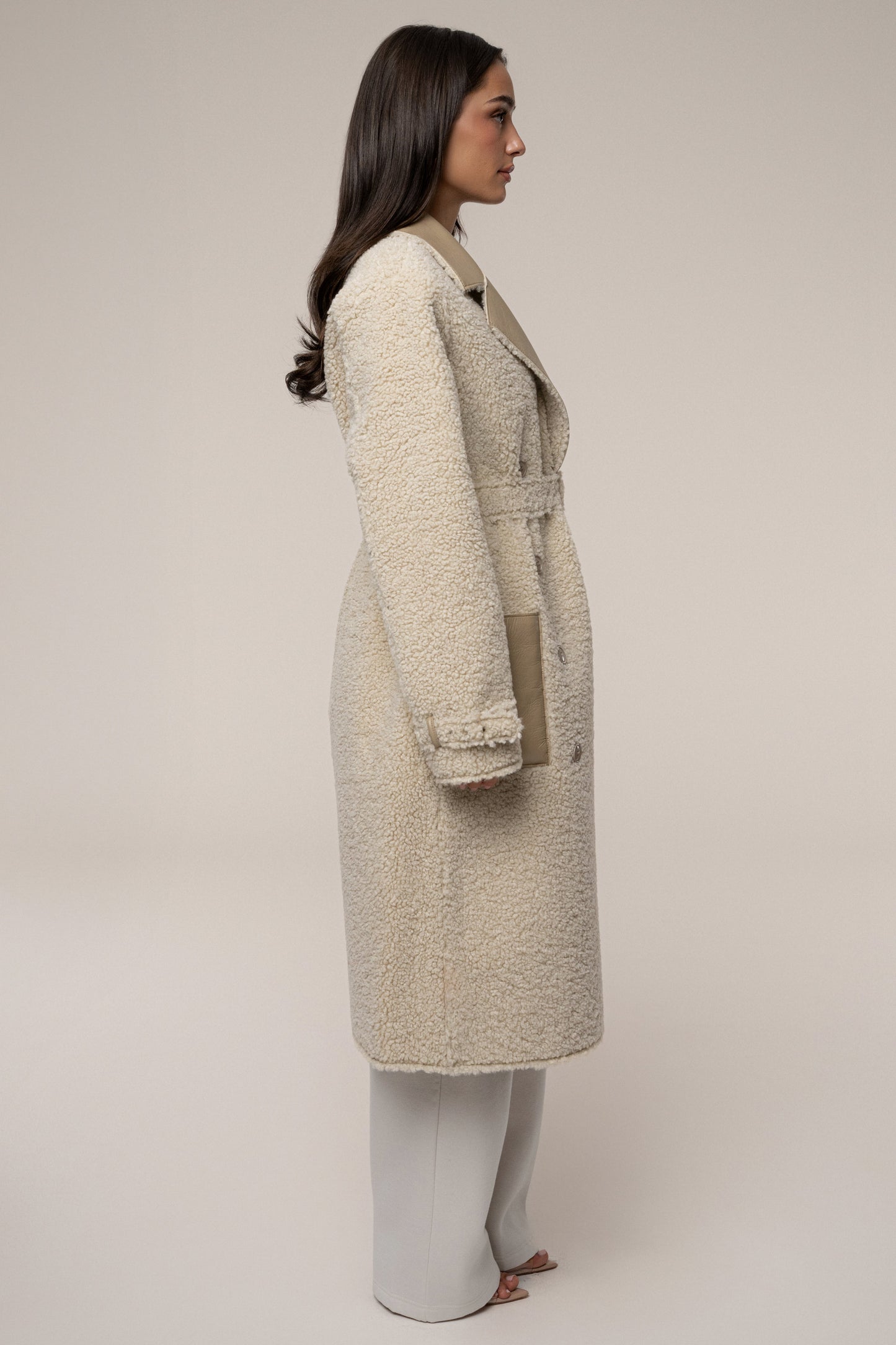 Beige/Ivory Sherpa And Faux Leather Coat JLUXLABEL