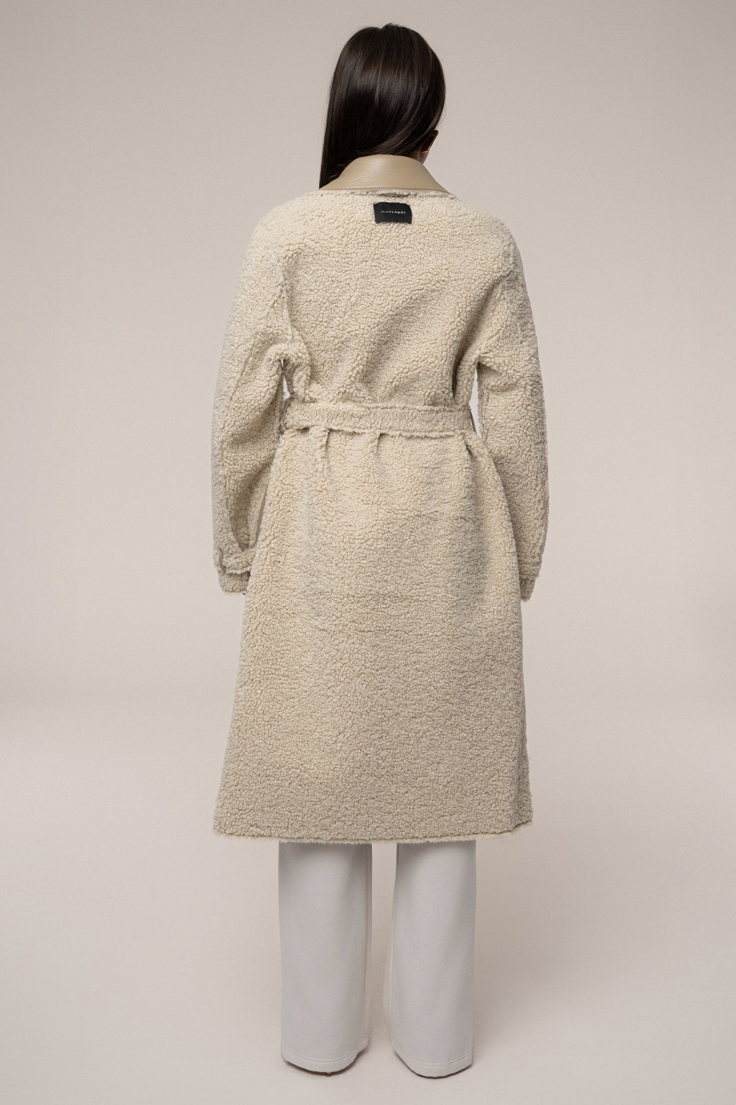 Beige/Ivory Sherpa And Faux Leather Coat JLUXLABEL