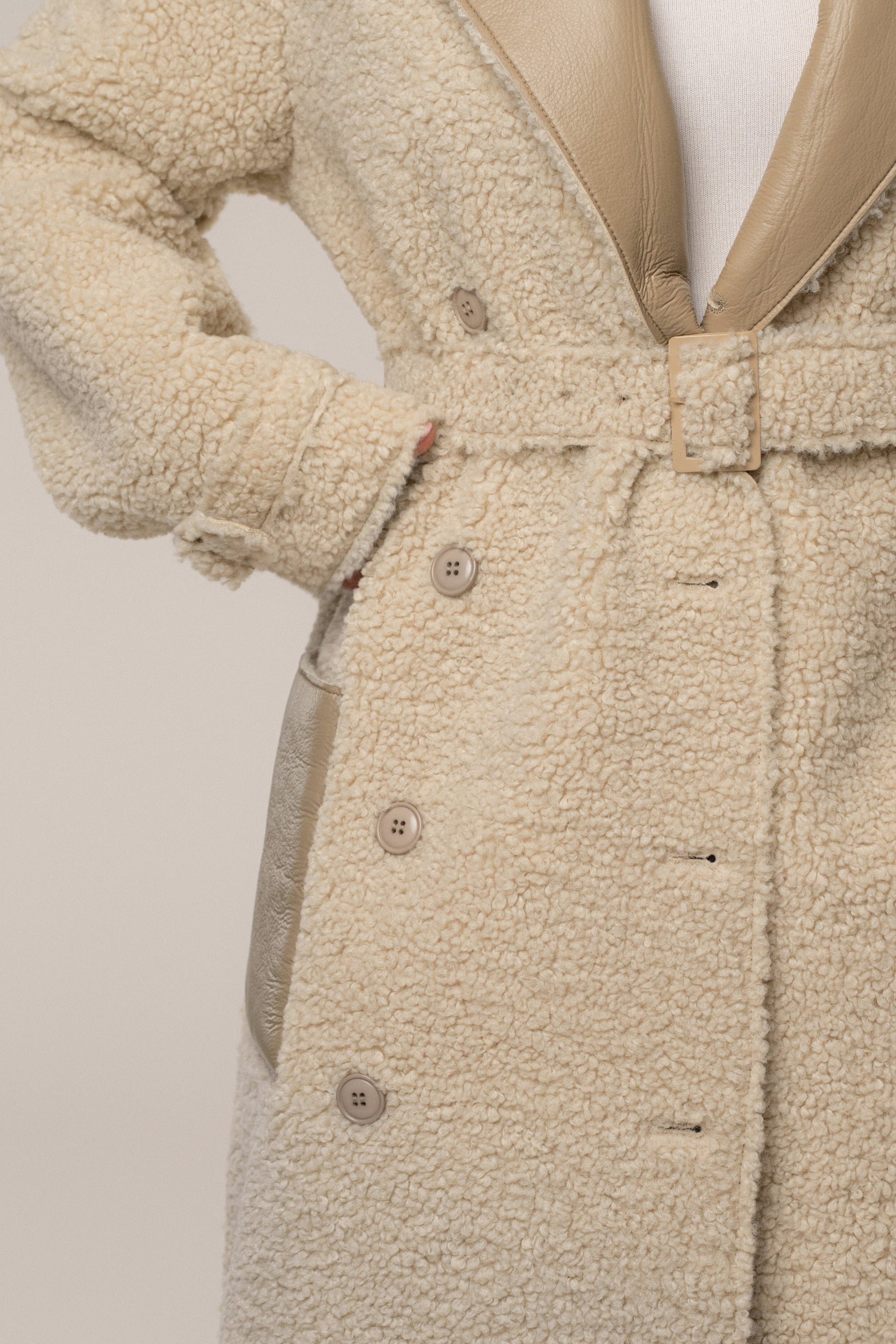 Beige/Ivory Sherpa And Faux Leather Coat JLUXLABEL