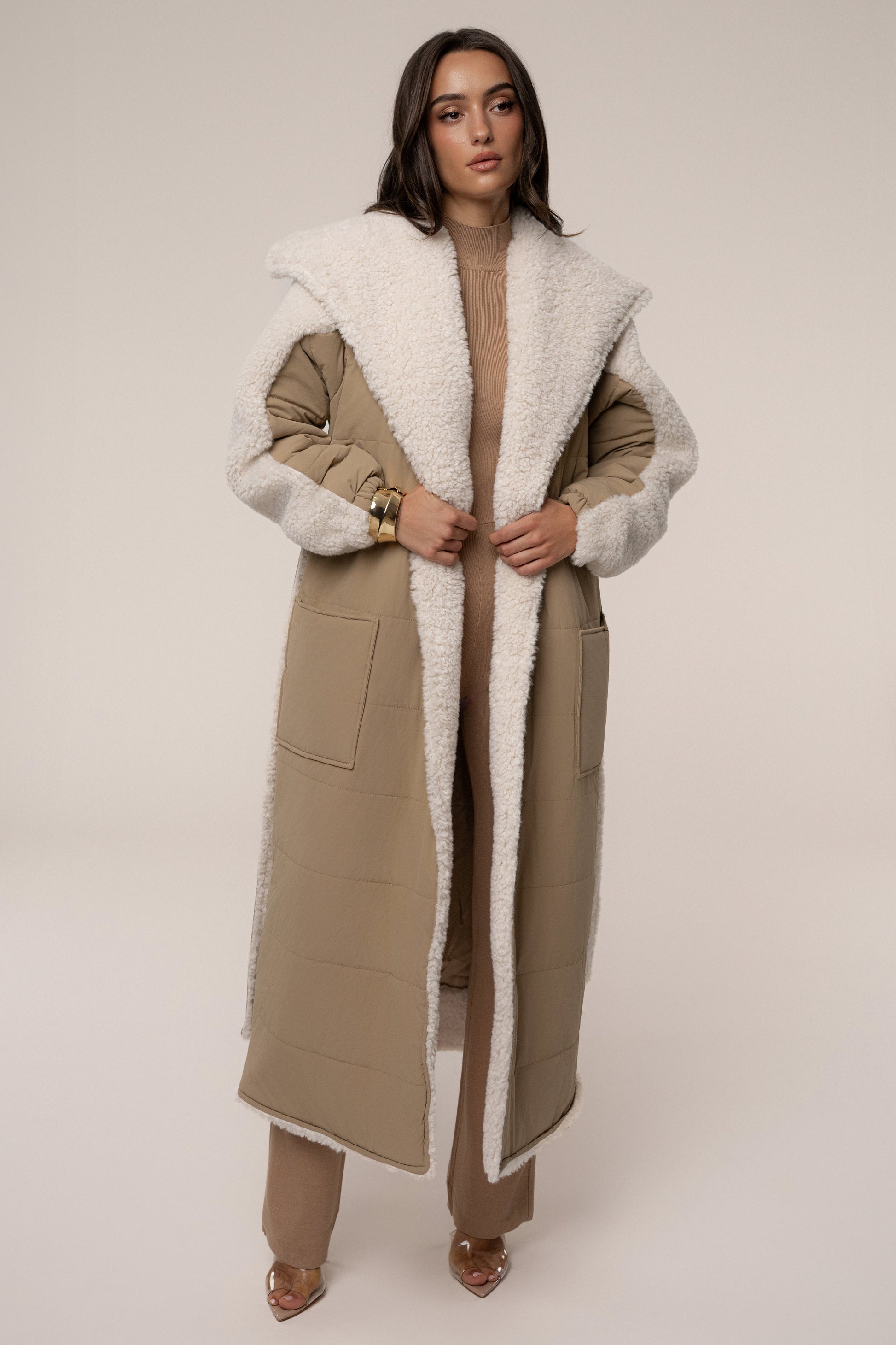 Beige/Ivory Contrast Sherpa Coat JLUXLABEL