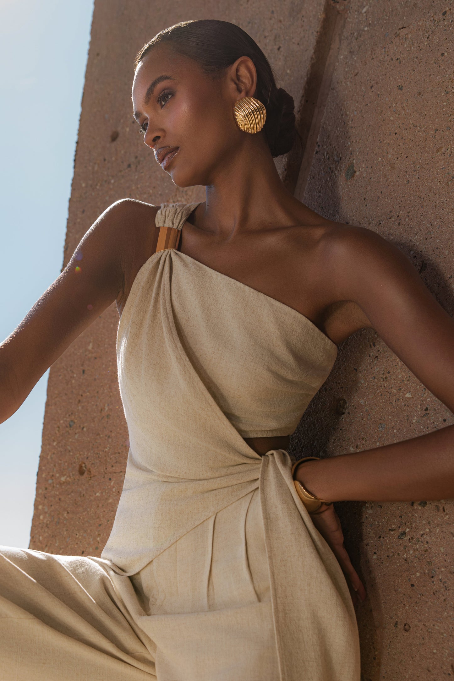 Beige Palmera One Shoulder Top NEWFASHIONEDGE
