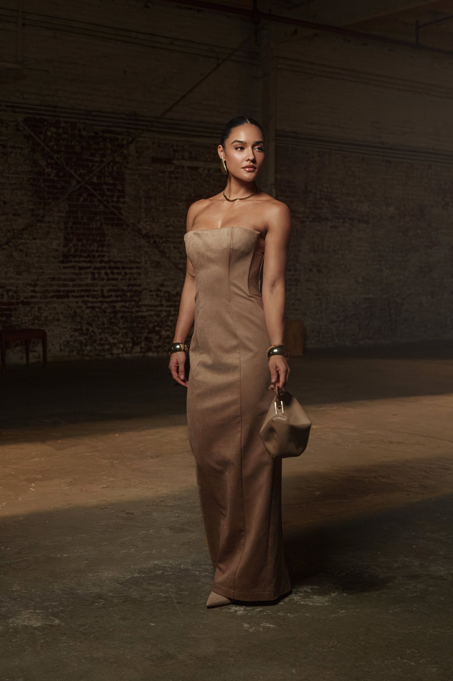 Beige Madison Suede Maxi Dress JLUXLABEL