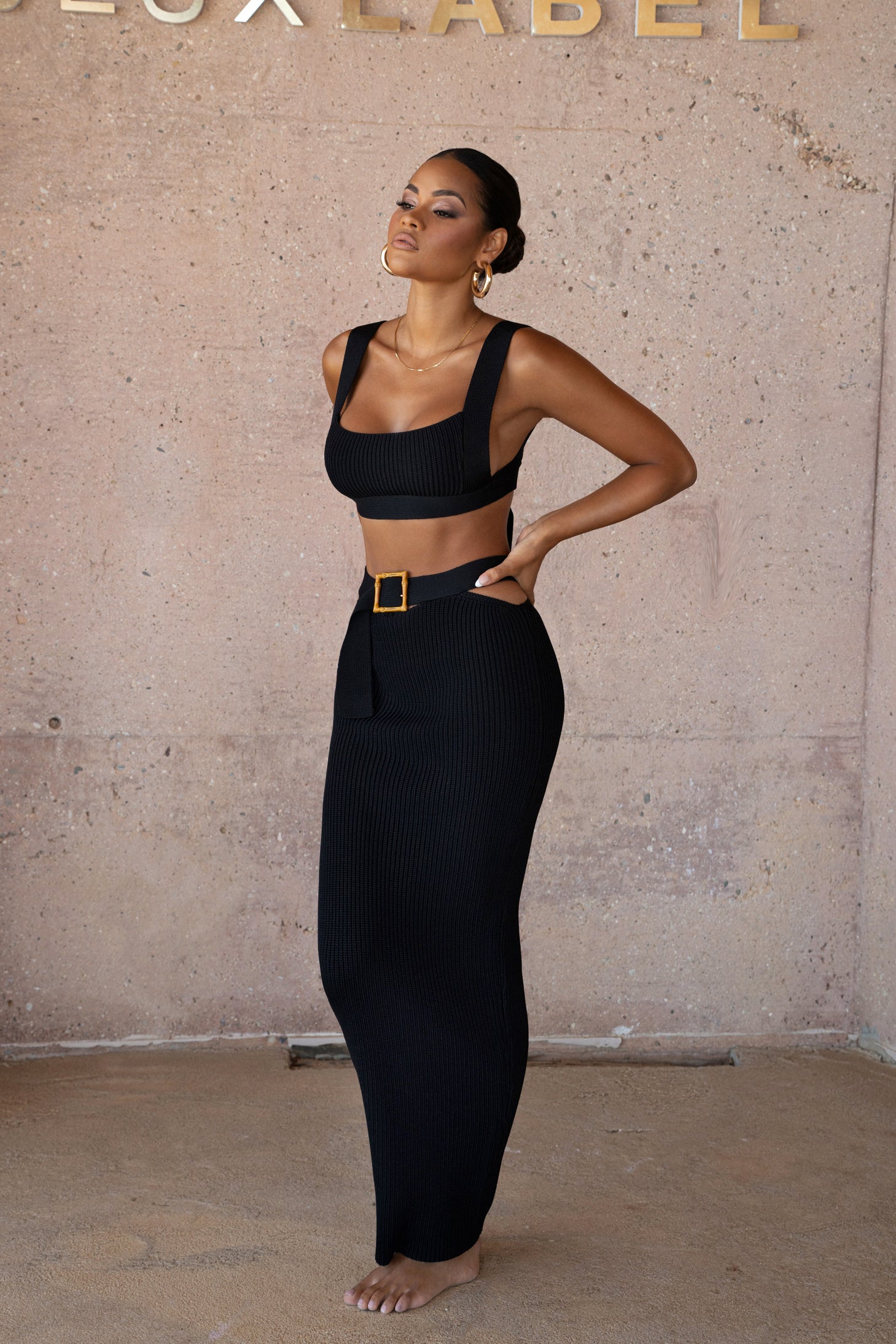 Black Nikole Ribbed Skirt Set JLUXLABEL
