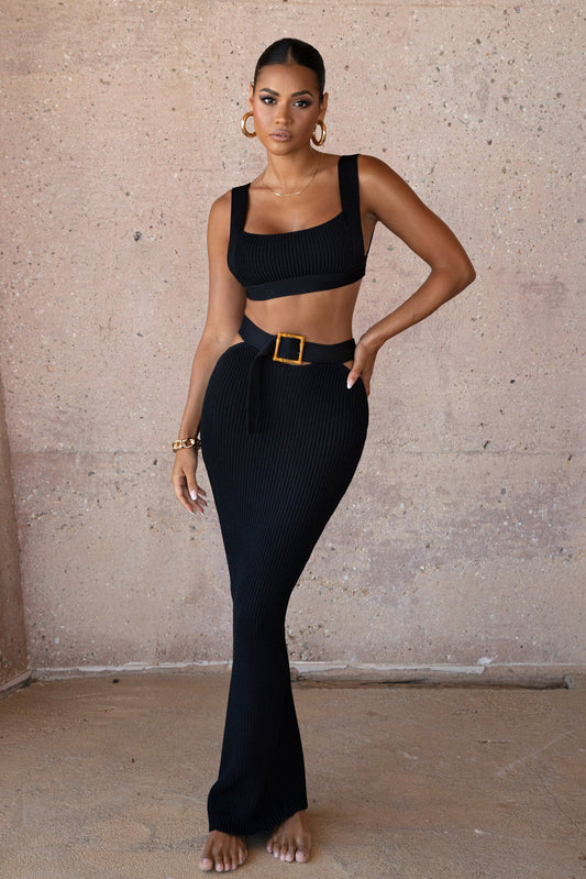 Black Nikole Ribbed Skirt Set JLUXLABEL