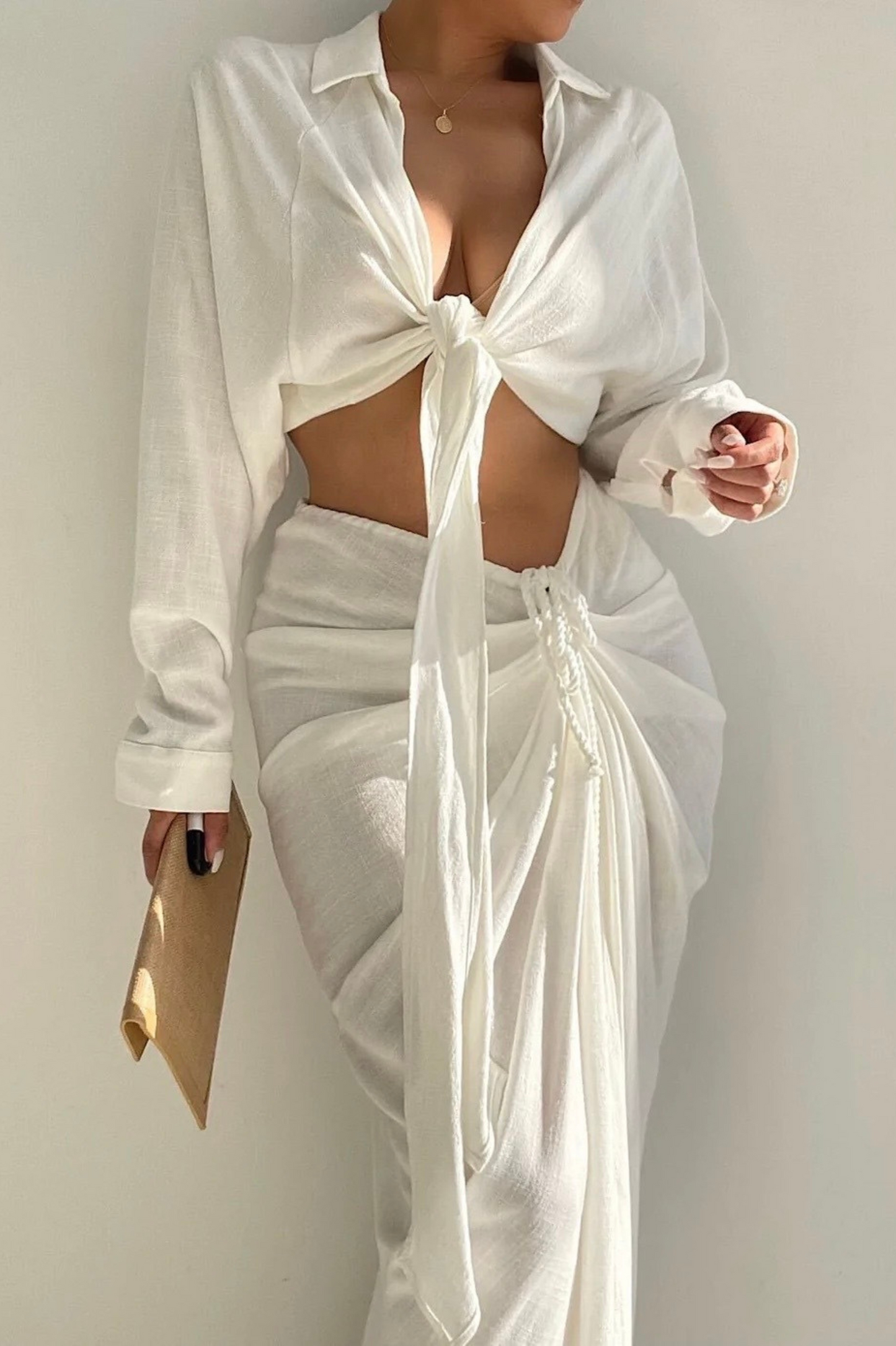 White Noelia Linen Slit Skirt JLUXLABEL