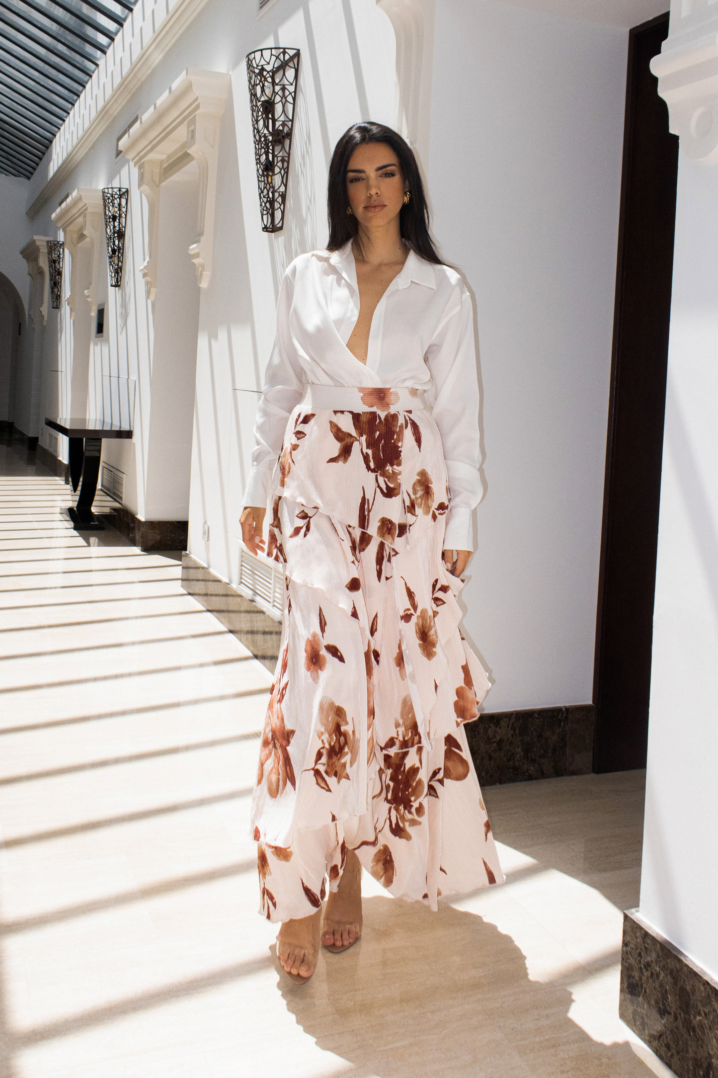Cream Floral Kamira Tiered Skirt JLUXLABEL