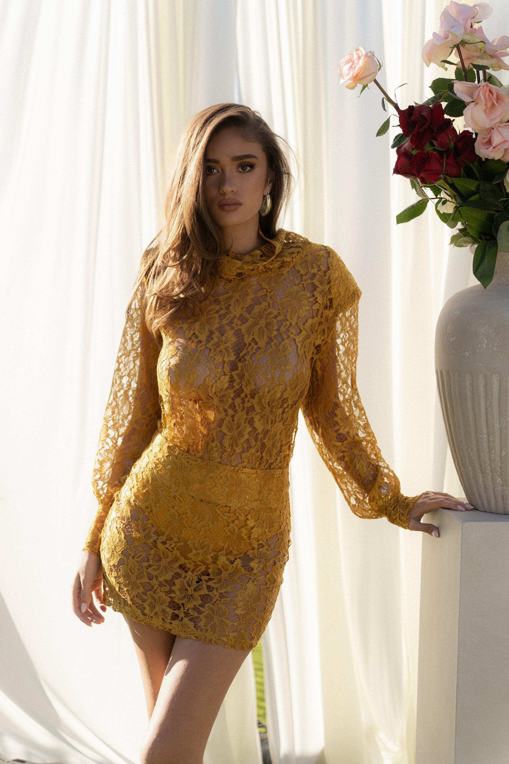 Mustard Devotion Lace Bodysuit & Skirt Set JLUXLABEL