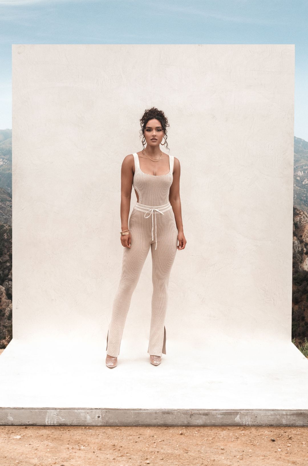 Taupe/White Deana Ribbed Bodysuit JLUXLABEL