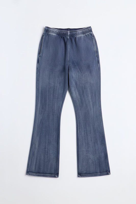 Acid Wash Heavyweight Slim Flare Sweatpants - Navy